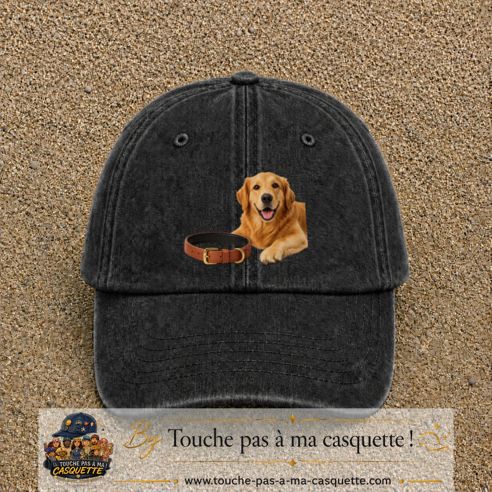 Image principale casquette Noir délavé avec motif Chien avec collier 7 cm