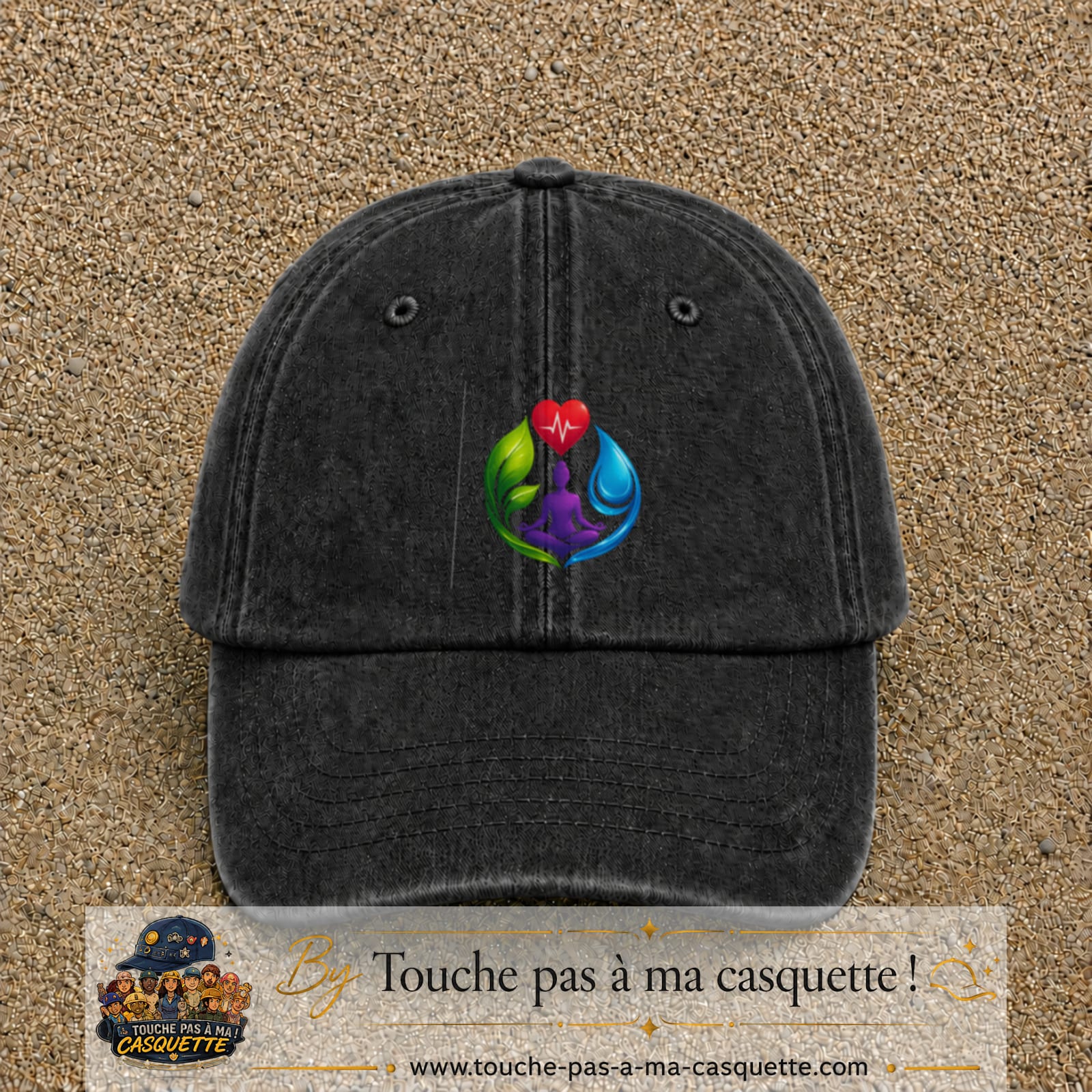 Casquette Noir délavé motif Yoga santé logo 7 cm