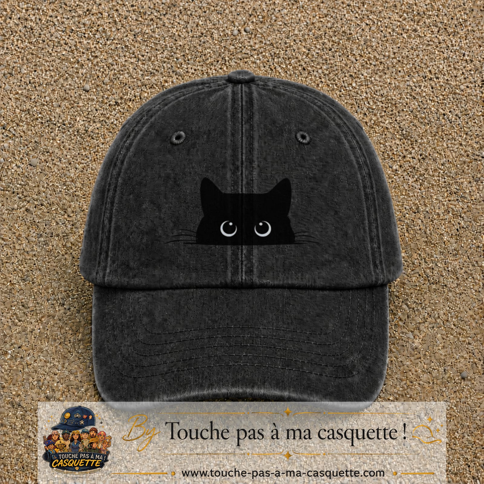 Image principale produit16moyenN - casquette Noir délavé avec visuel Chat noir caché yeux ronds 5 cm