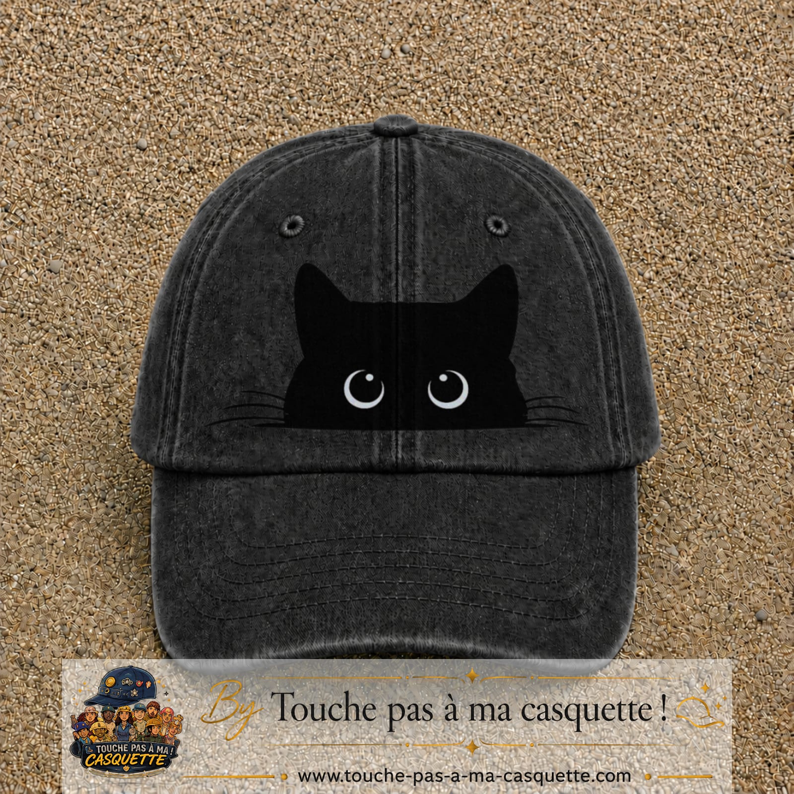 Image principale produit16grosN - casquette Noir délavé avec visuel Chat noir caché yeux ronds 7 cm
