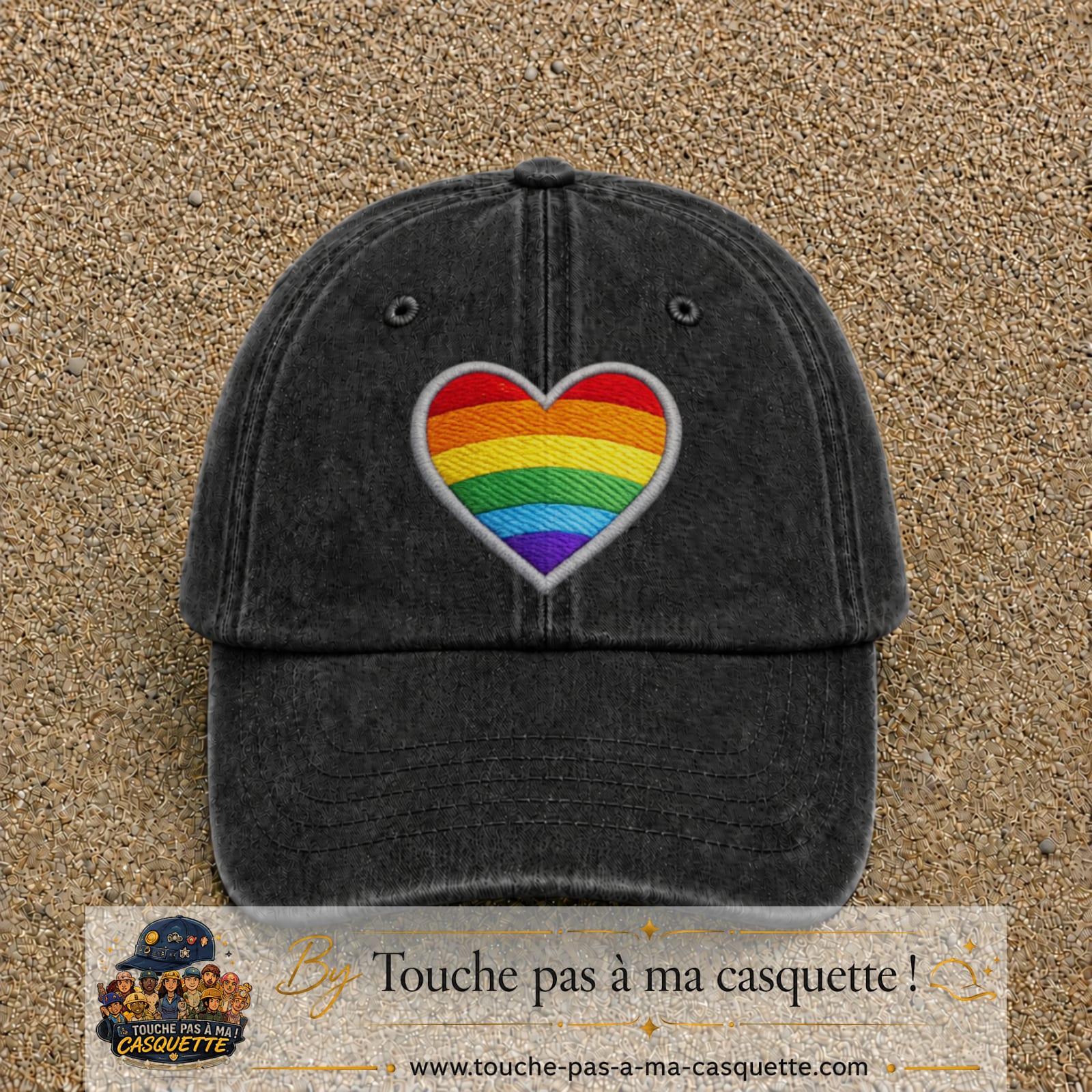 Image principale produit25grosN - casquette Noir délavé avec visuel Cœur arc-en-ciel écusson 7 cm