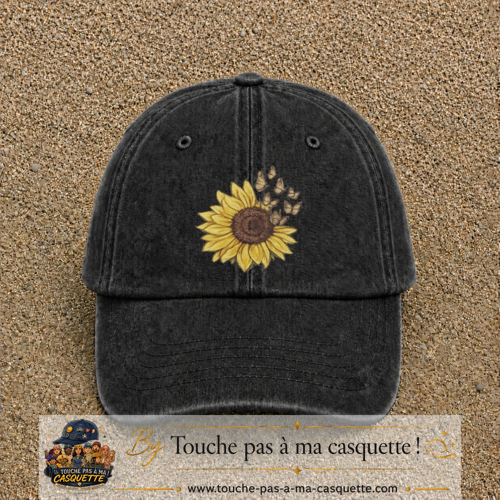 Image principale produit15grosN - casquette Noir délavé avec visuel Tournesol mandala 7 cm