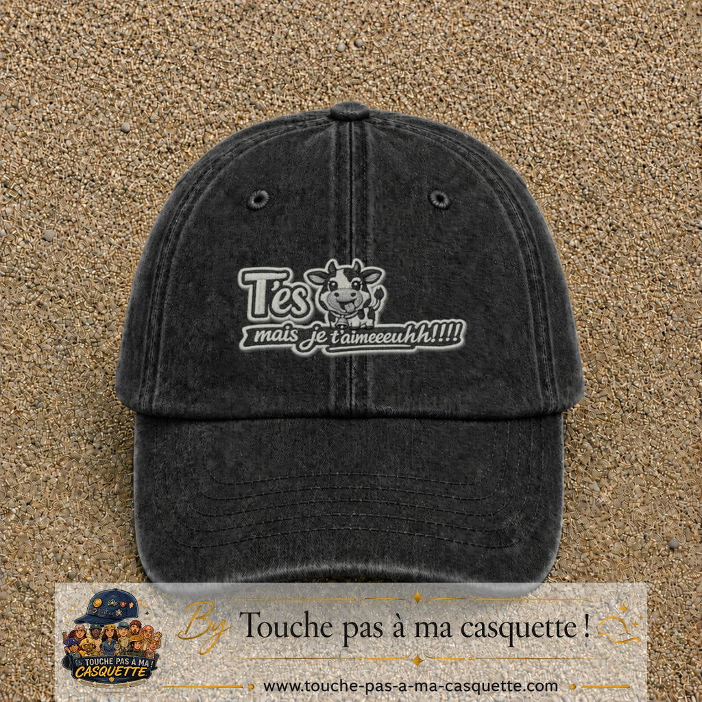 Image principale produit122moyenN - casquette Noir délavé avec visuel Vache message français 5 cm