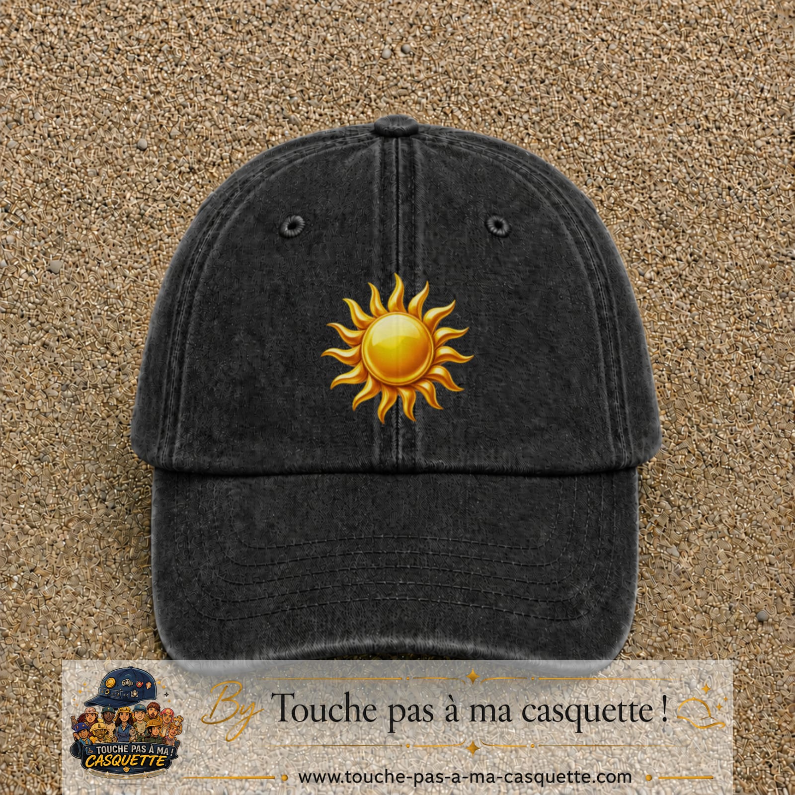Image principale produit102grosN - casquette Noir délavé avec visuel Soleil brillant 7 cm