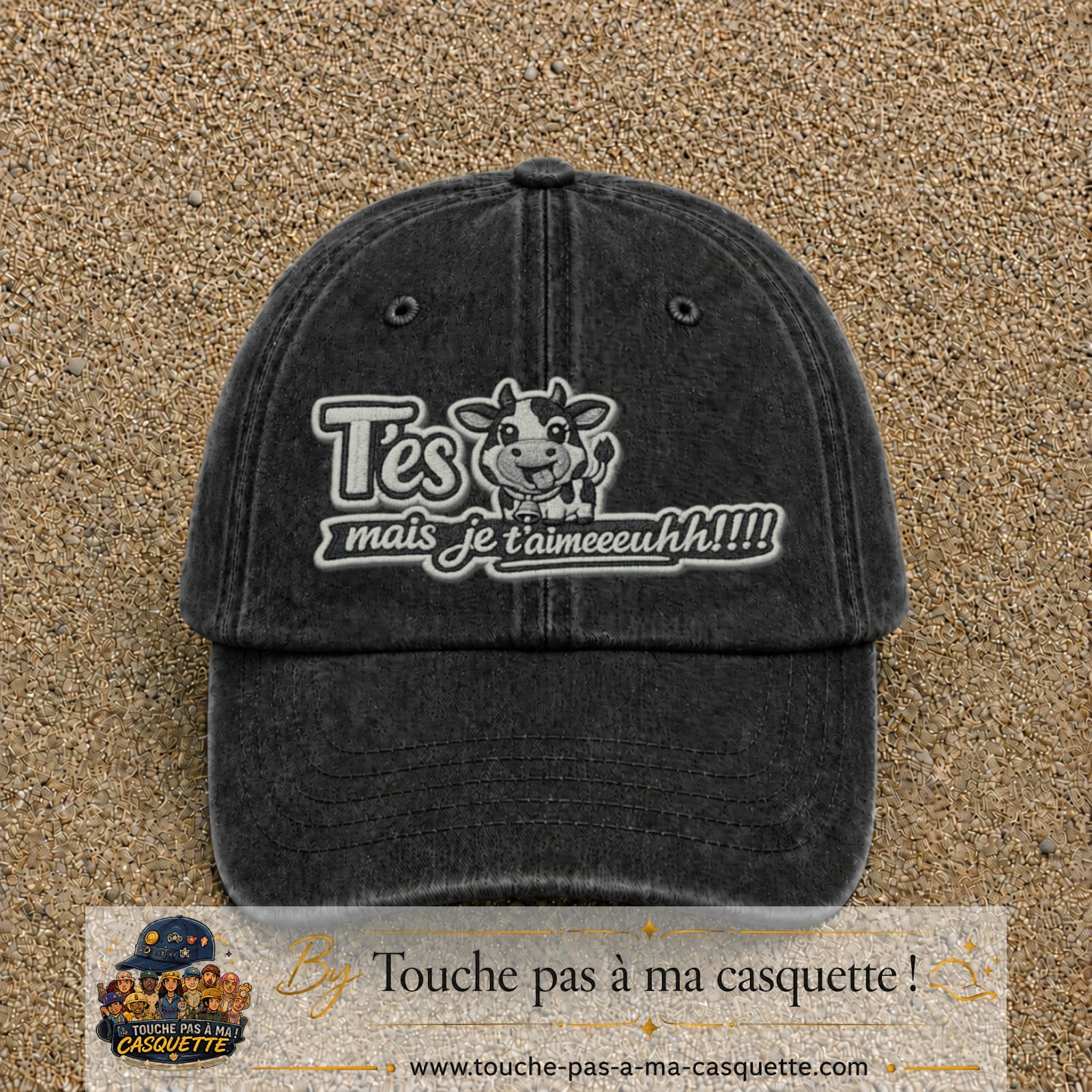 Image principale produit122grosN - casquette Noir délavé avec visuel Vache message français 7 cm