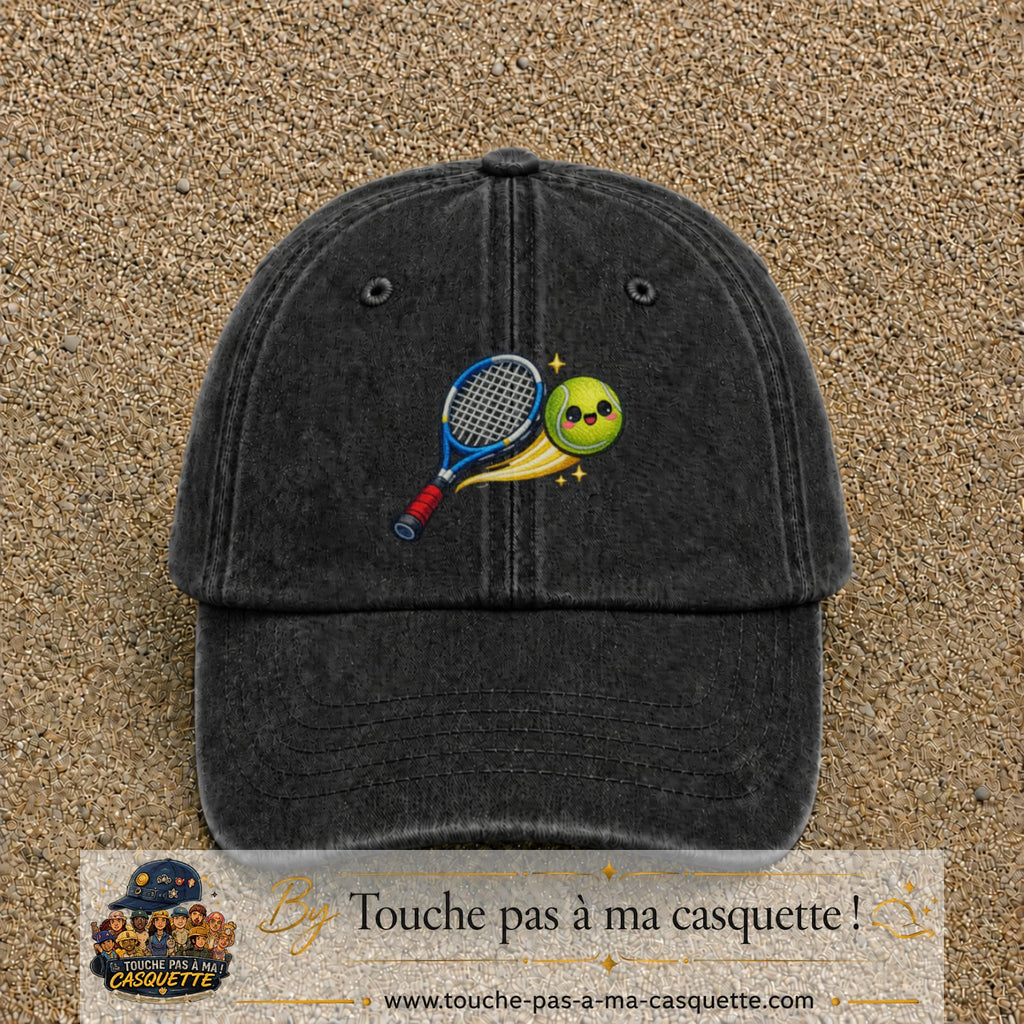 Image principale produit80grosN - casquette Noir délavé avec visuel Tennis raquette balle 7 cm