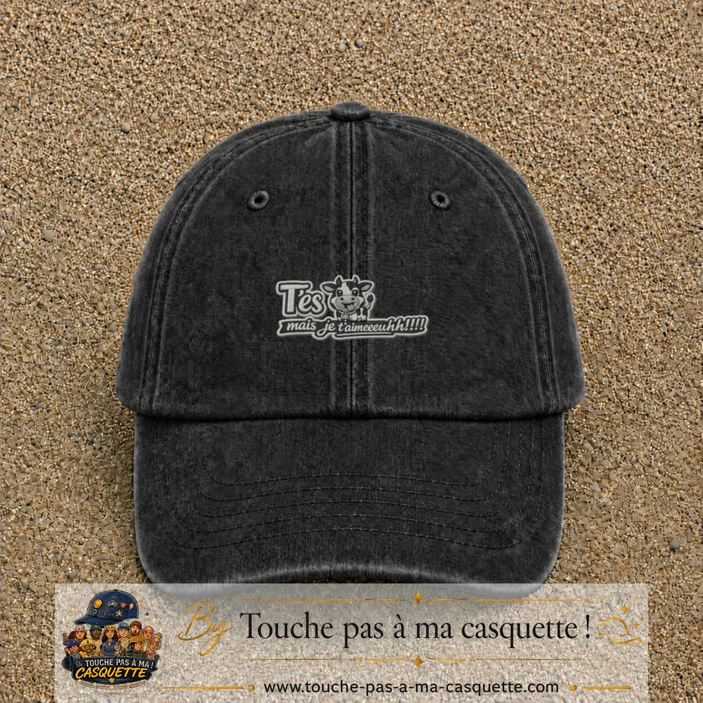 Image principale produit122petitN - casquette Noir délavé avec visuel Vache message français 3 cm