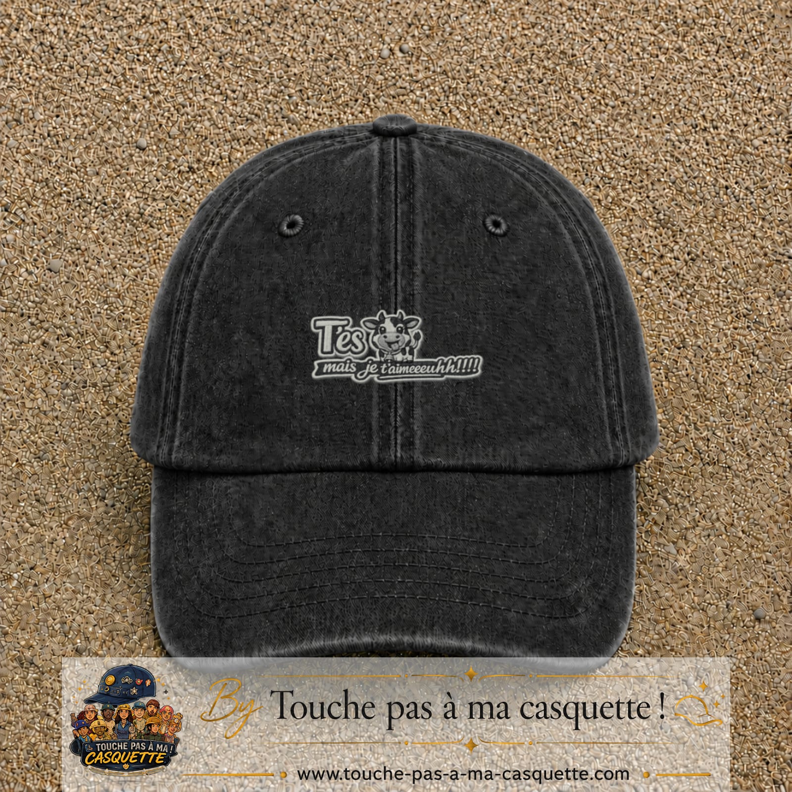 Image principale produit122petitN - casquette Noir délavé avec visuel Vache message français 3 cm