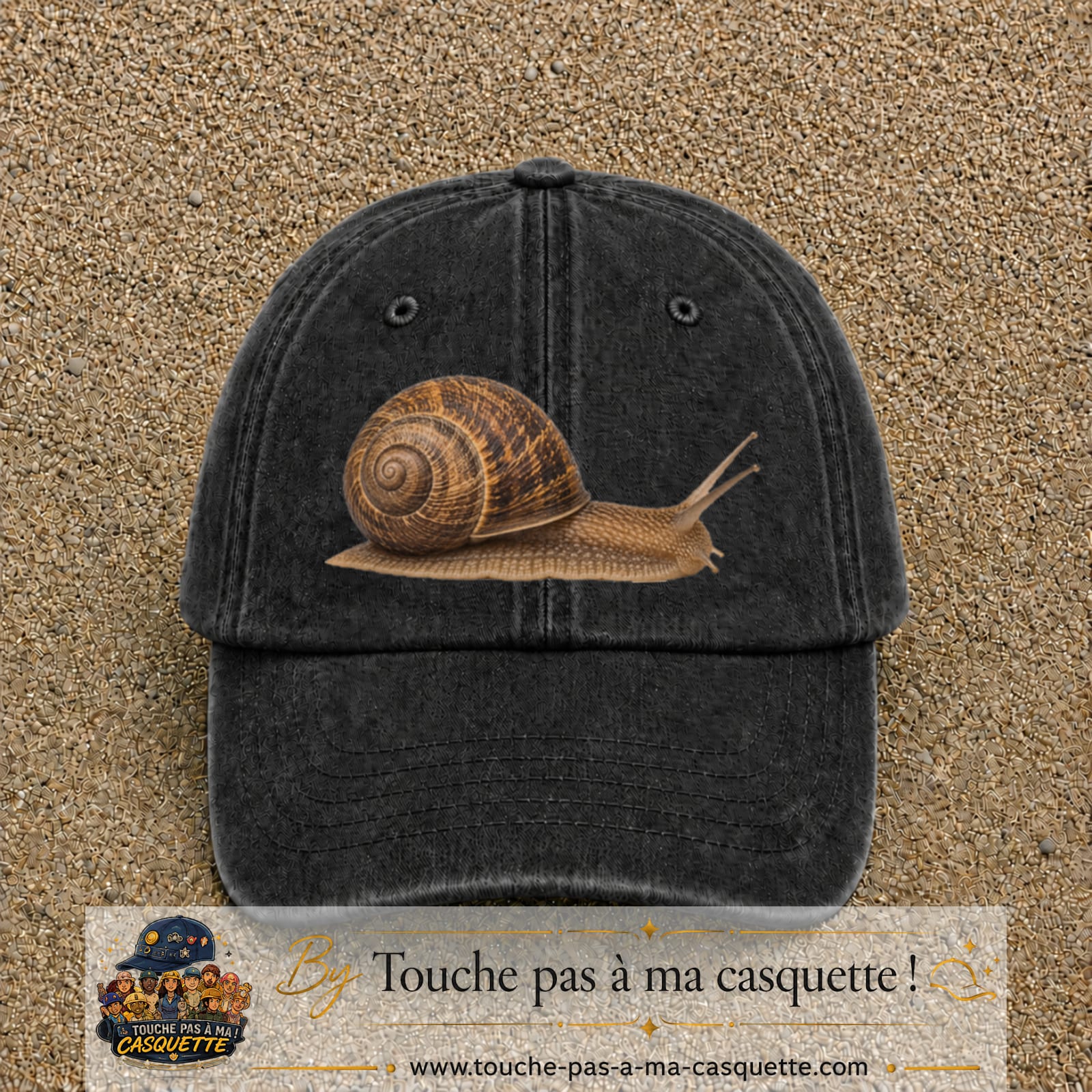 Image principale produit74grosN - casquette Noir délavé avec visuel Escargot 7 cm