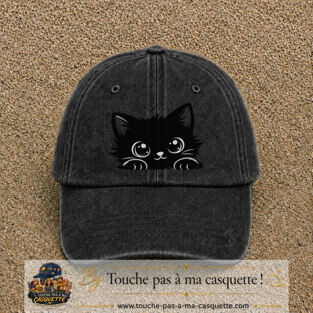 Image principale produit6grosN - casquette Noir délavé avec visuel Chat noir adorable 7 cm