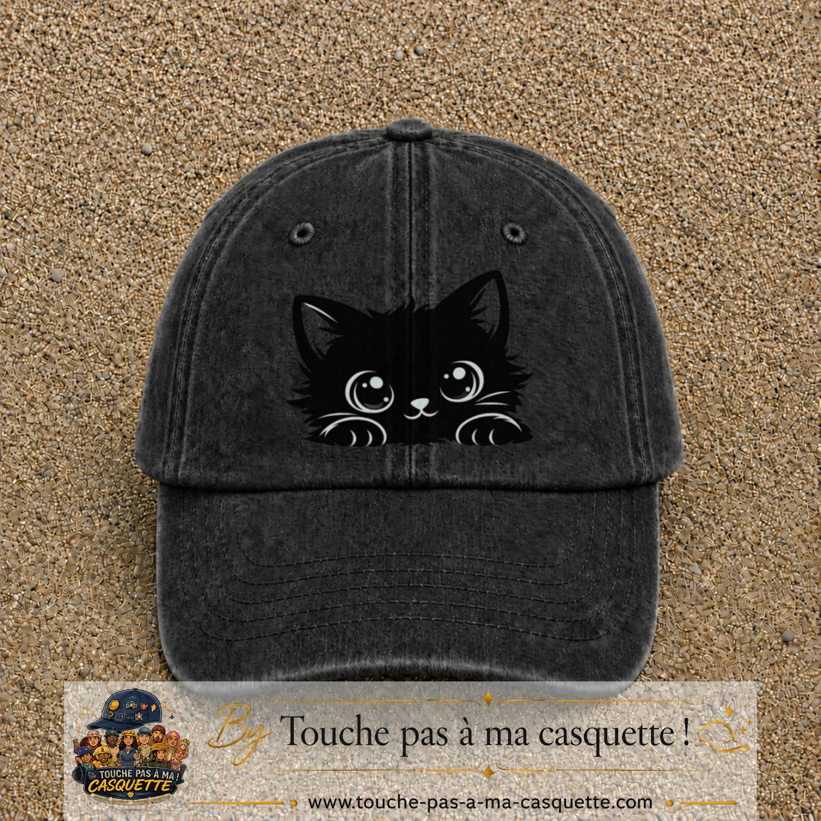 Image principale produit6grosN - casquette Noir délavé avec visuel Chat noir adorable 7 cm