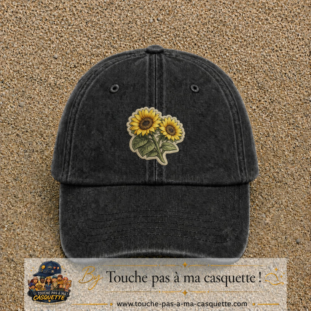 Casquette Noir délavé motif Duo de tournesols 7 cm - vue principale