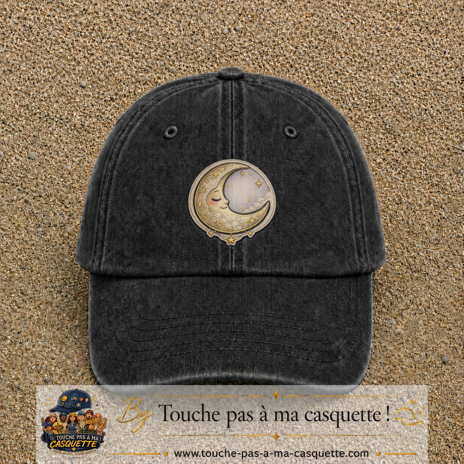 Casquette Noir délavé motif Lune endormie 7 cm - vue principale