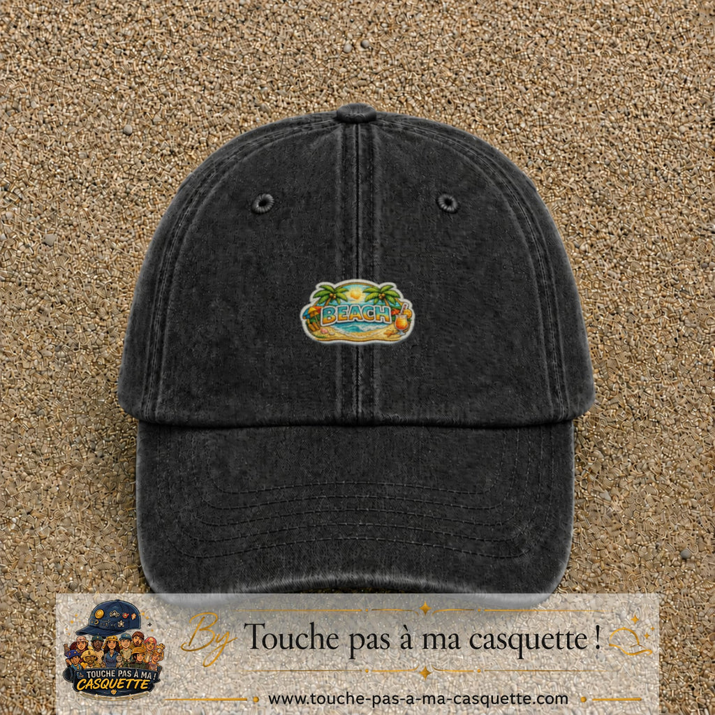Casquette Noir délavé motif Plage tropicale Beach 3 cm - vue principale