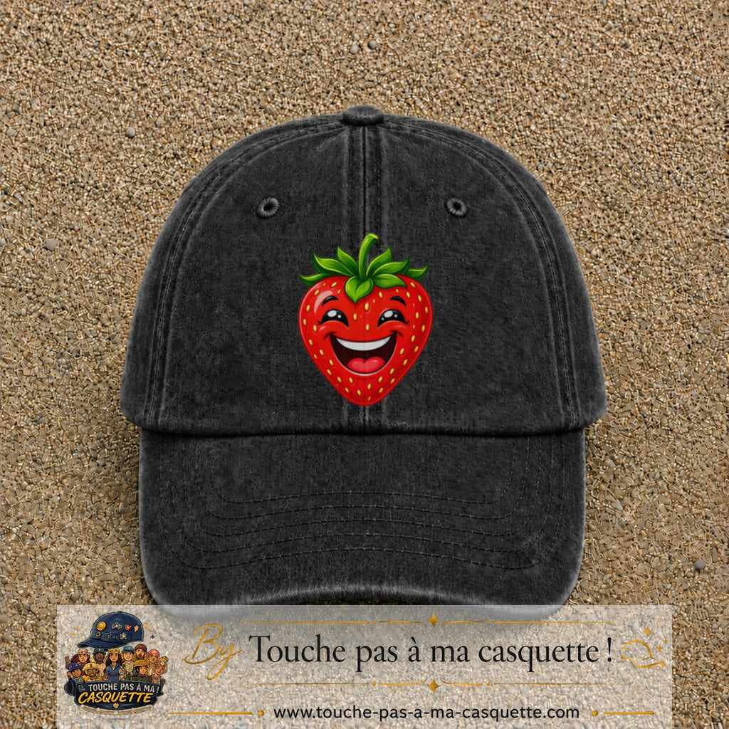 Casquette baseball Noir délavé 100% coton avec motif Fraise souriante 7 cm - image principale