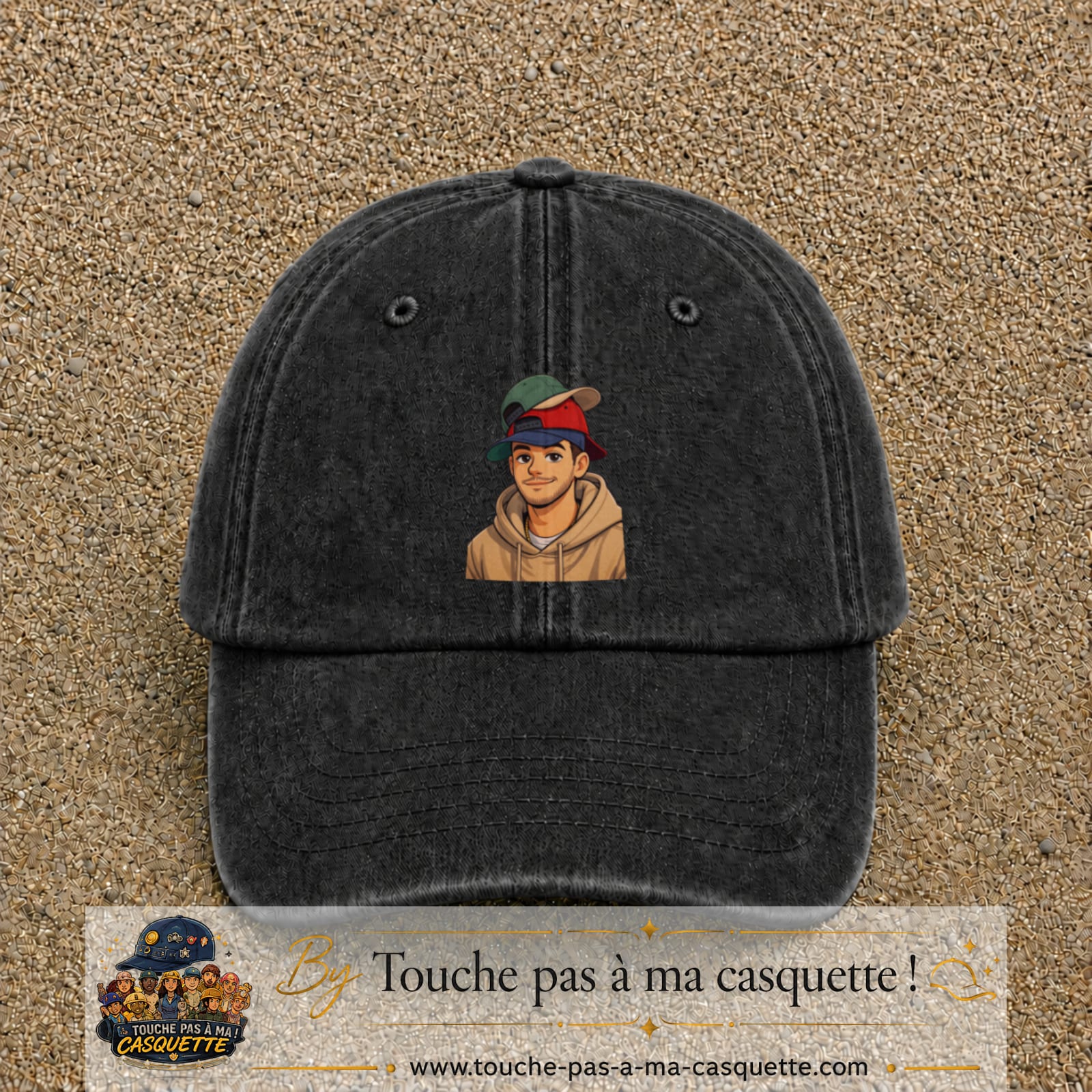 Casquette Noir délavé 100% coton avec motif Portrait homme casquettes 7 cm - image principale
