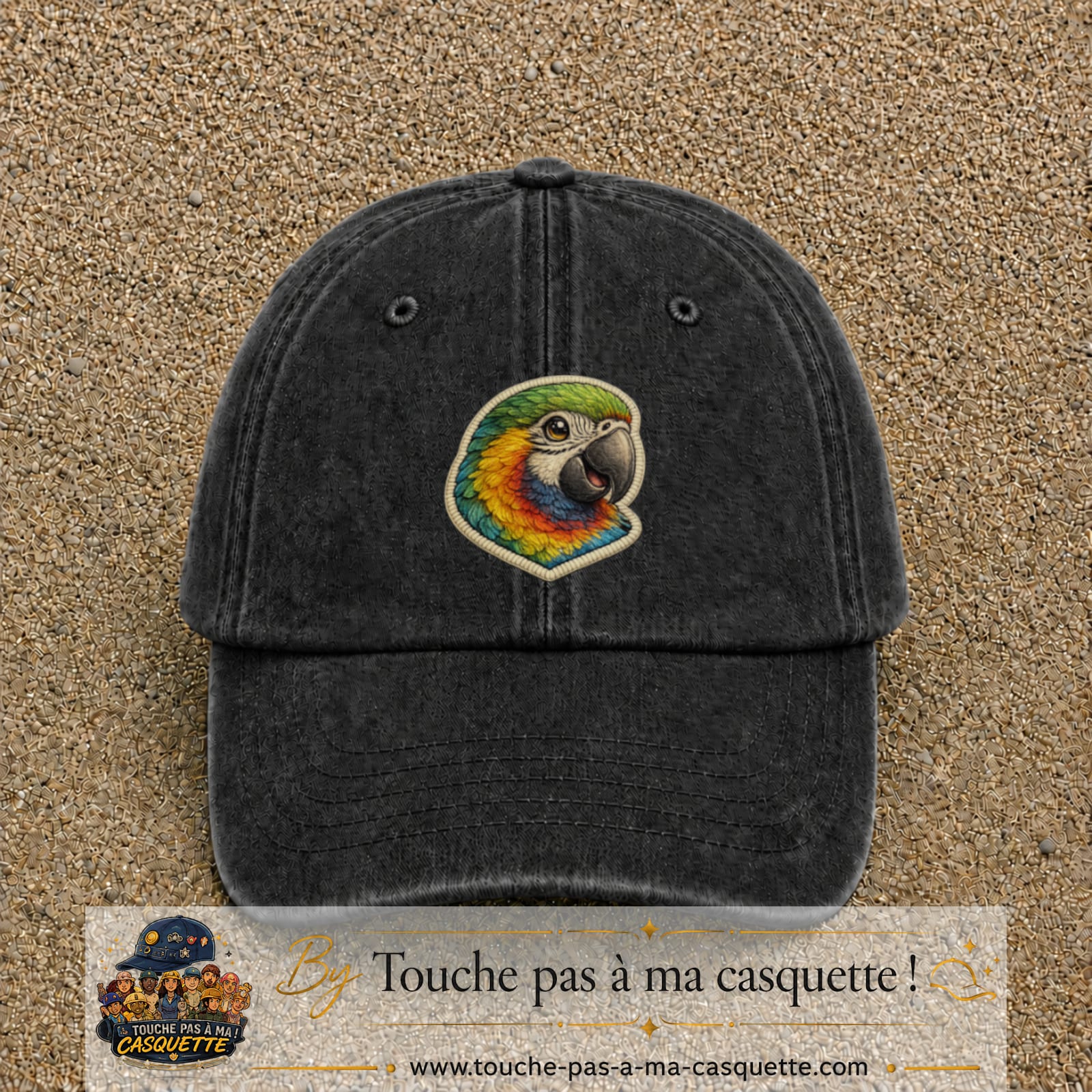 Casquette Noir délavé motif Perroquet tropical 7 cm - vue principale