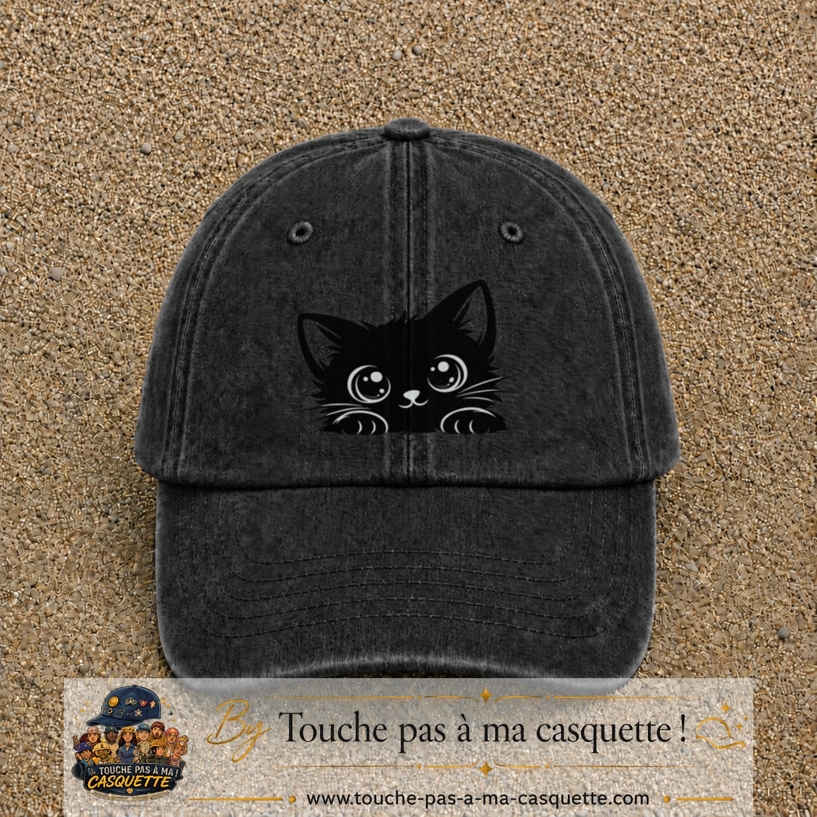 Casquette Noir délavé motif Chaton malicieux 7 cm - vue principale