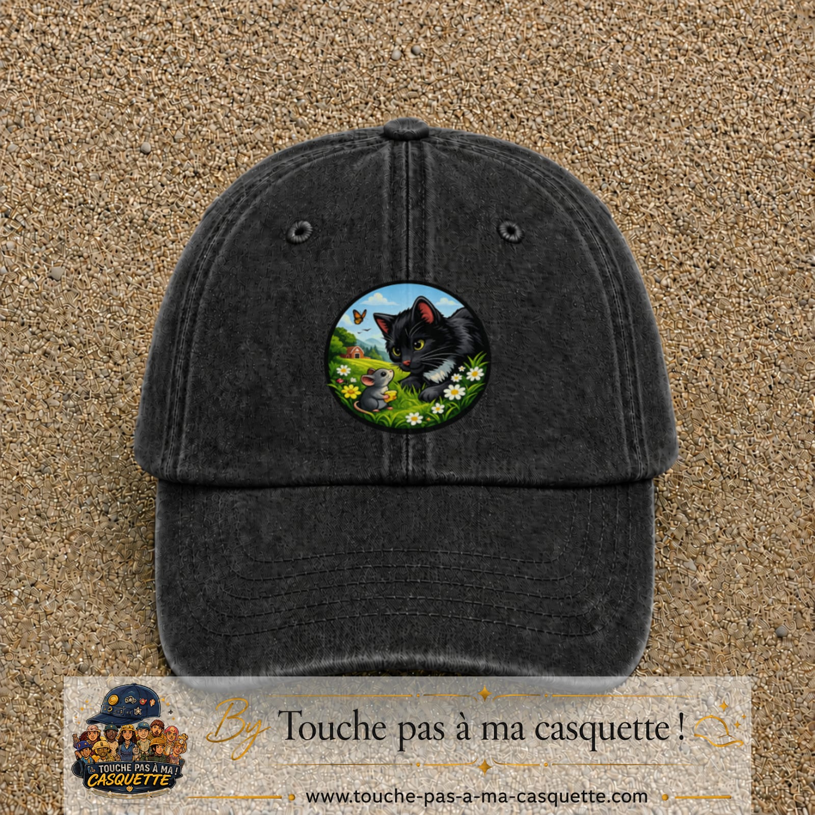 Casquette baseball Noir délavé 100% coton avec visuel Chat noir et souris 7 cm - image produit principale