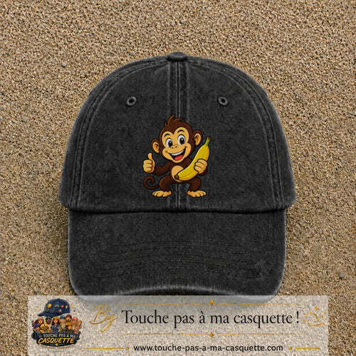 Casquette baseball Noir délavé 100% coton avec motif Singe à la banane 7 cm - image principale