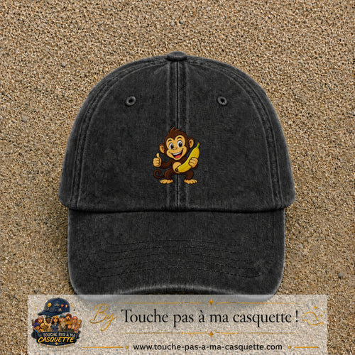 Casquette baseball Noir délavé 100% coton avec motif Singe à la banane 5 cm - image principale