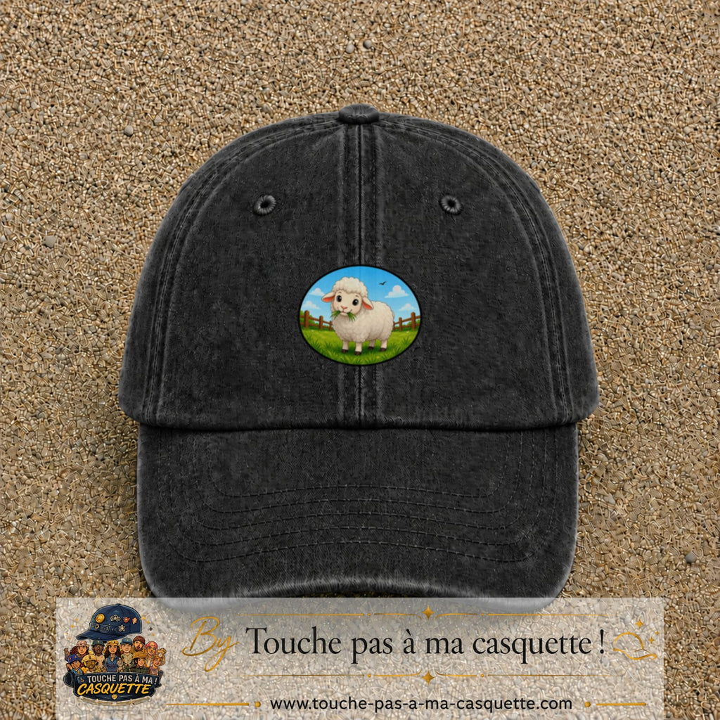 Casquette baseball Noir délavé 100% coton avec visuel Mouton à la ferme 5 cm - image produit principale