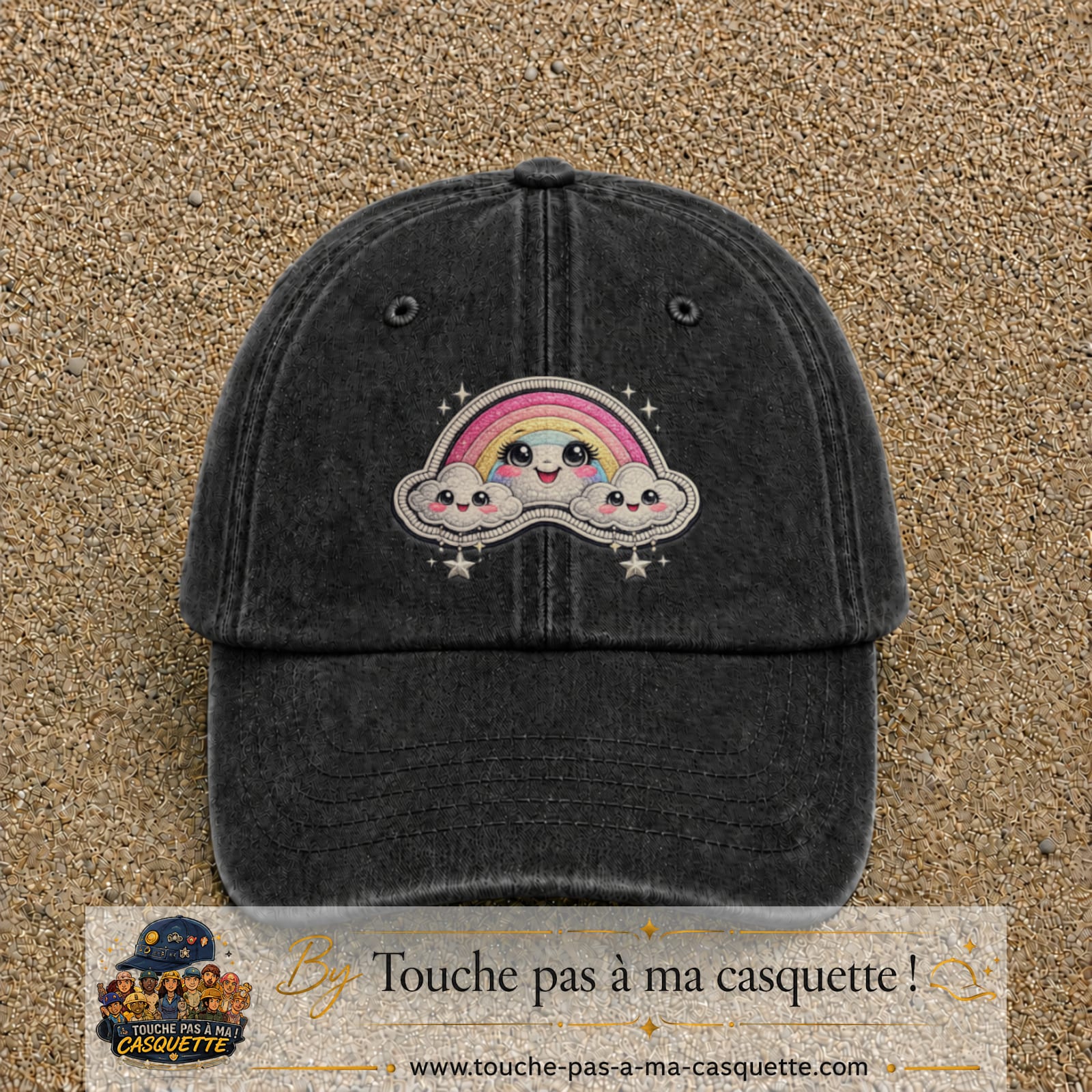 Casquette Noir délavé motif Arc-en-ciel nuageux 7 cm - vue principale