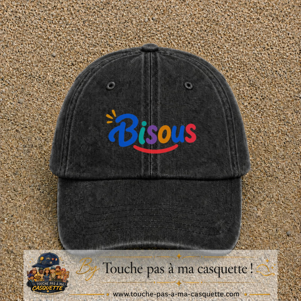 Casquette baseball Noir délavé 100% coton avec visuel Bisous coloré 5 cm - image produit principale