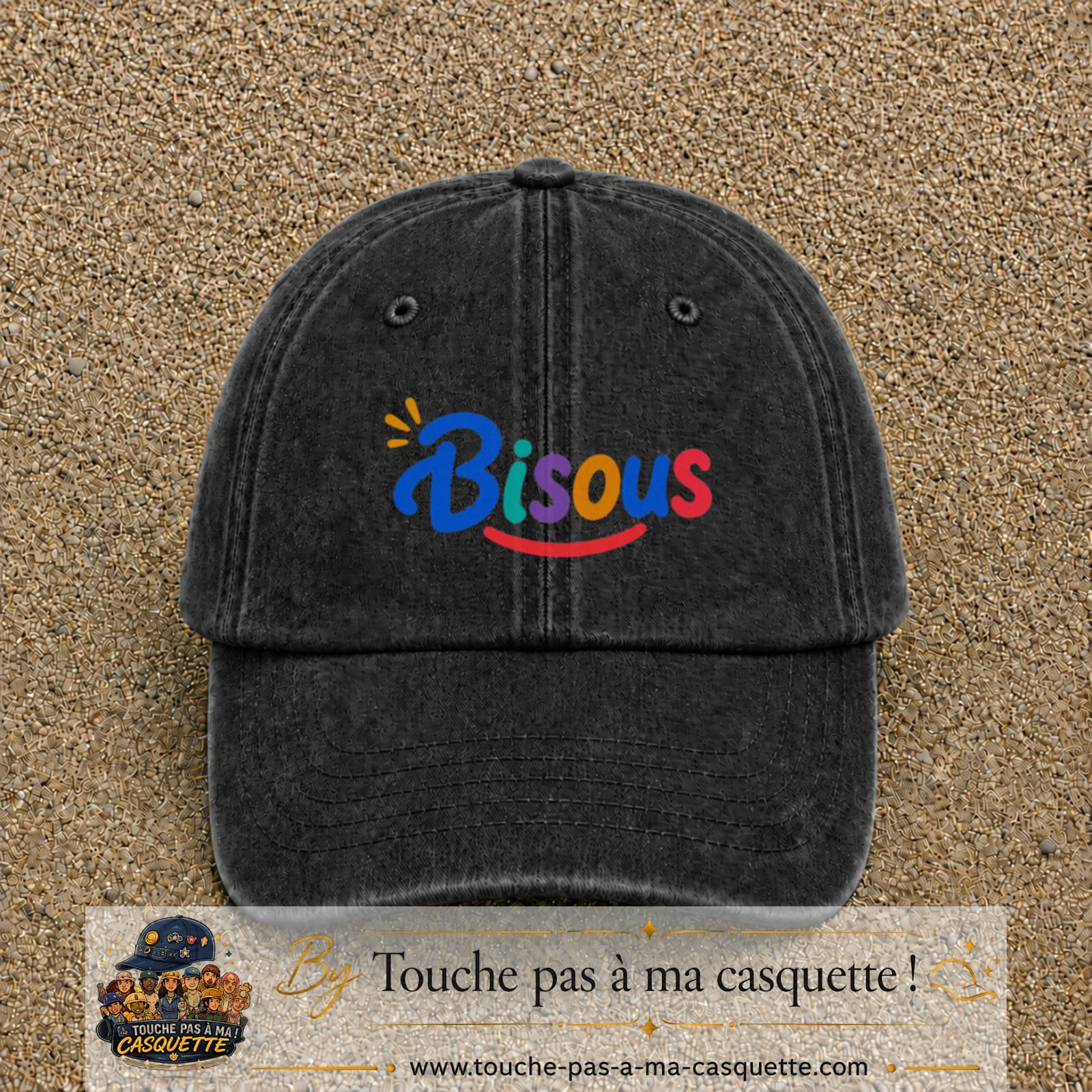 Casquette baseball Noir délavé 100% coton avec visuel Bisous coloré 5 cm - image produit principale