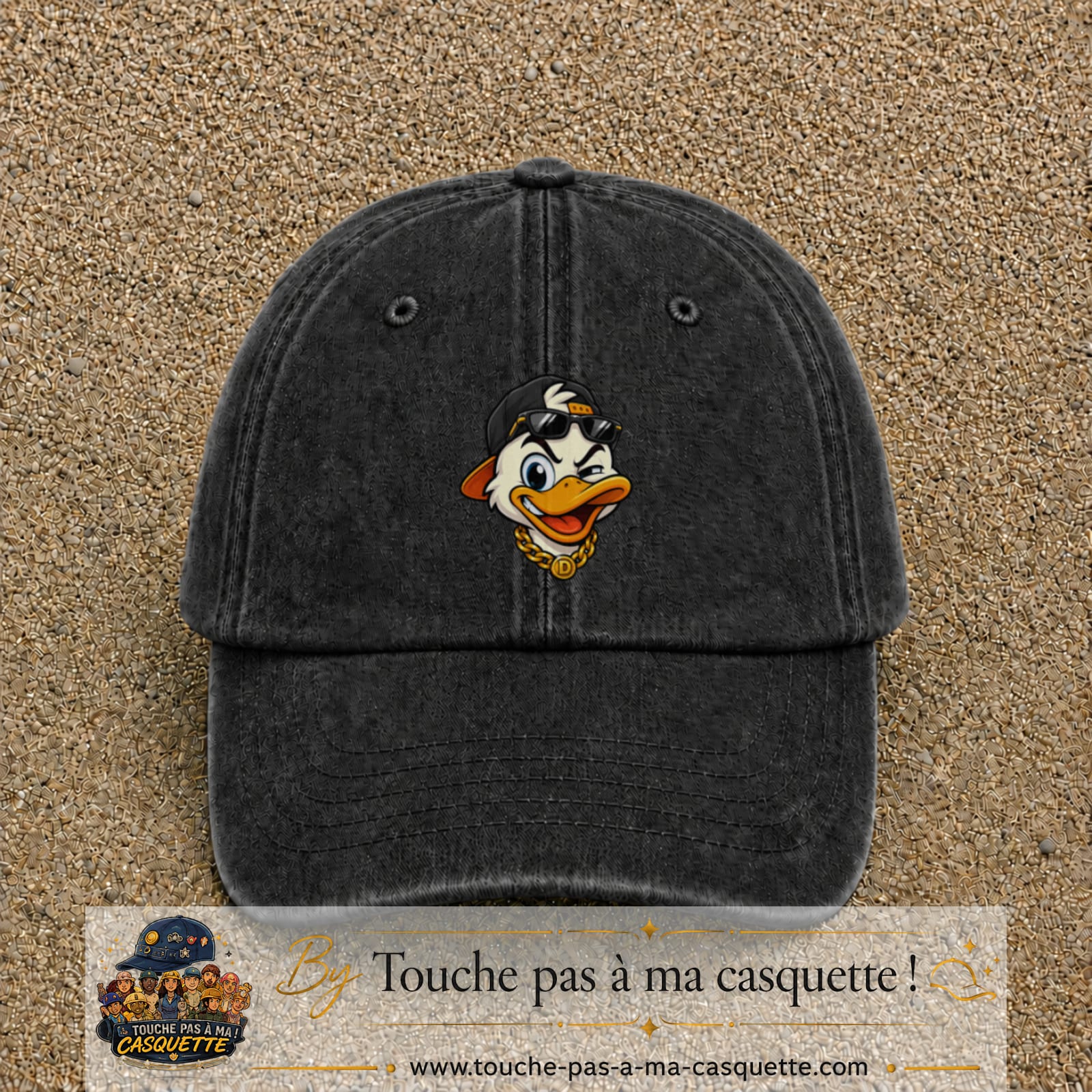 Casquette baseball Noir délavé 100% coton avec visuel Canard hip-hop clin d’œil 7 cm - image produit principale