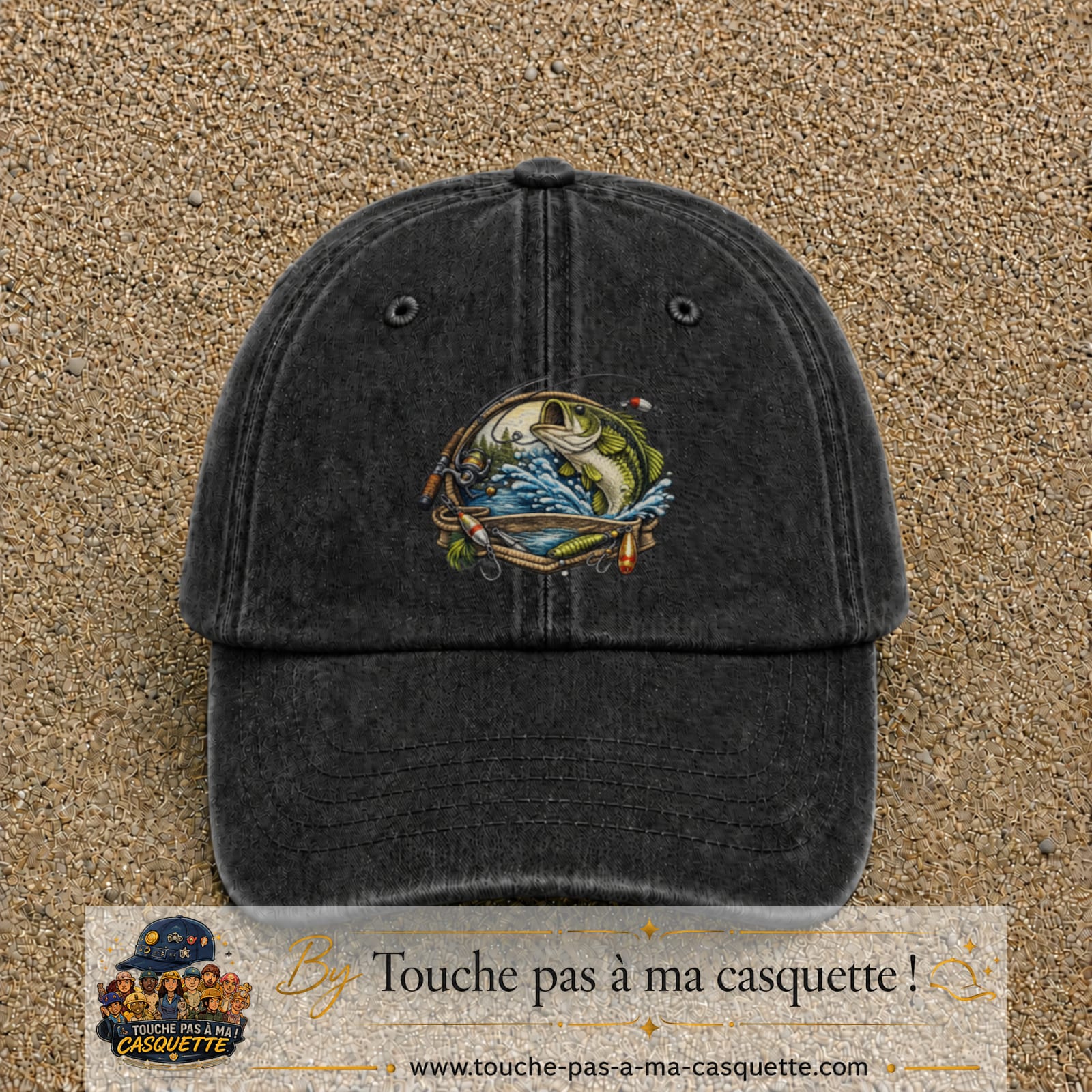 Casquette Noir délavé motif Pêche sportive 7 cm - vue principale