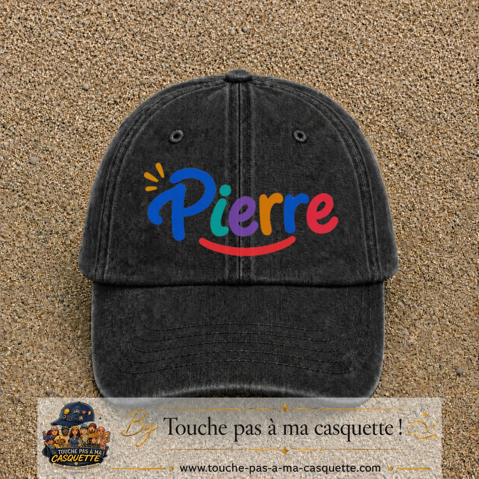 Casquette baseball Noir délavé 100% coton avec visuel Prénom Pierre coloré 7 cm - image produit principale
