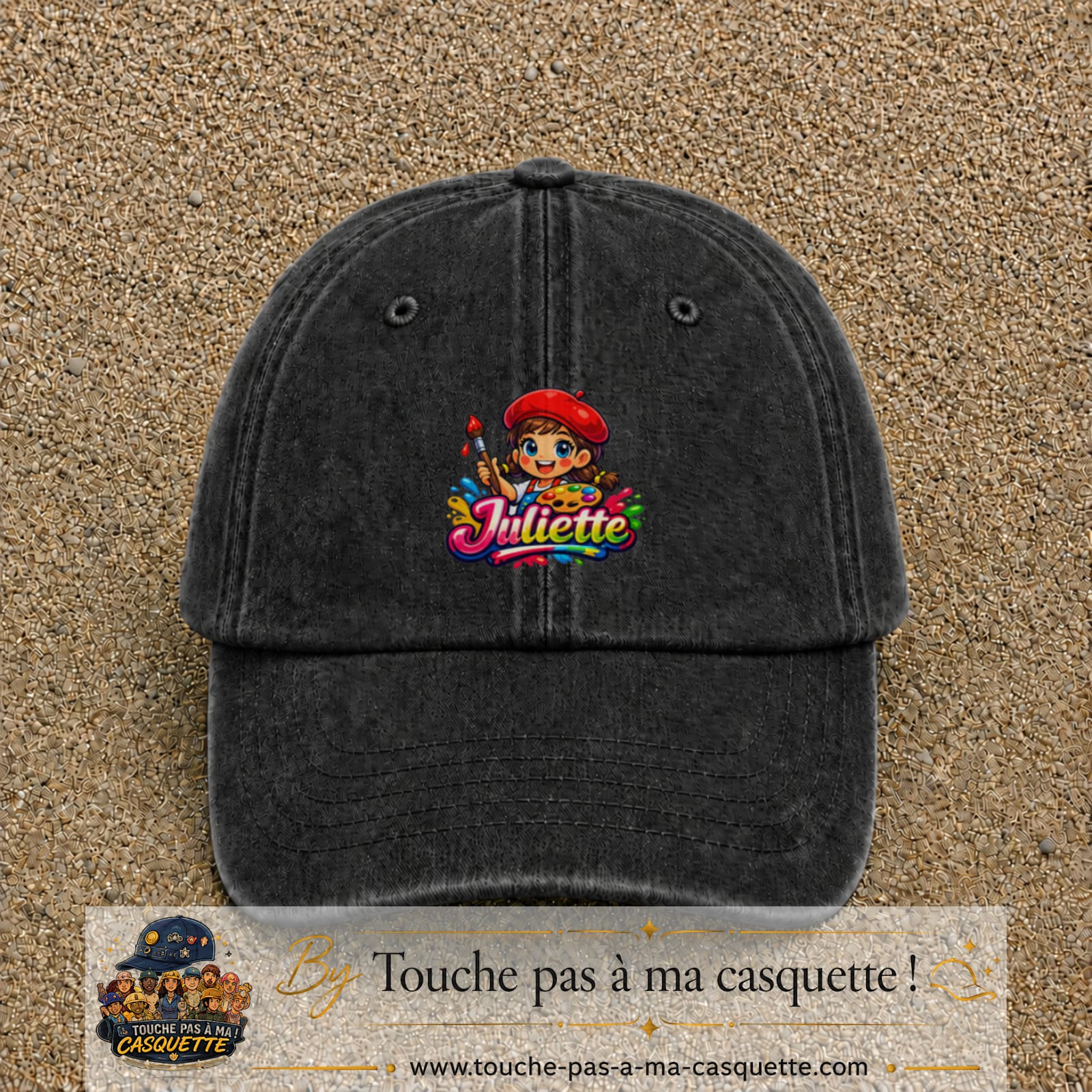 Casquette baseball Noir délavé 100% coton avec motif Juliette 5 cm - image principale