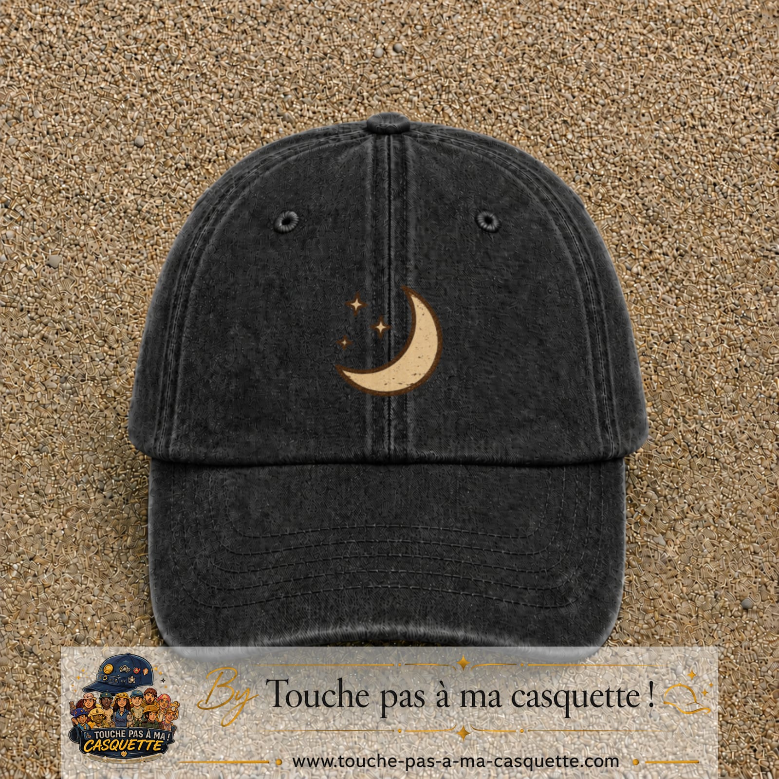 Casquette Noir délavé 100% coton avec motif Lune et étoiles bohèmes 5 cm - image principale
