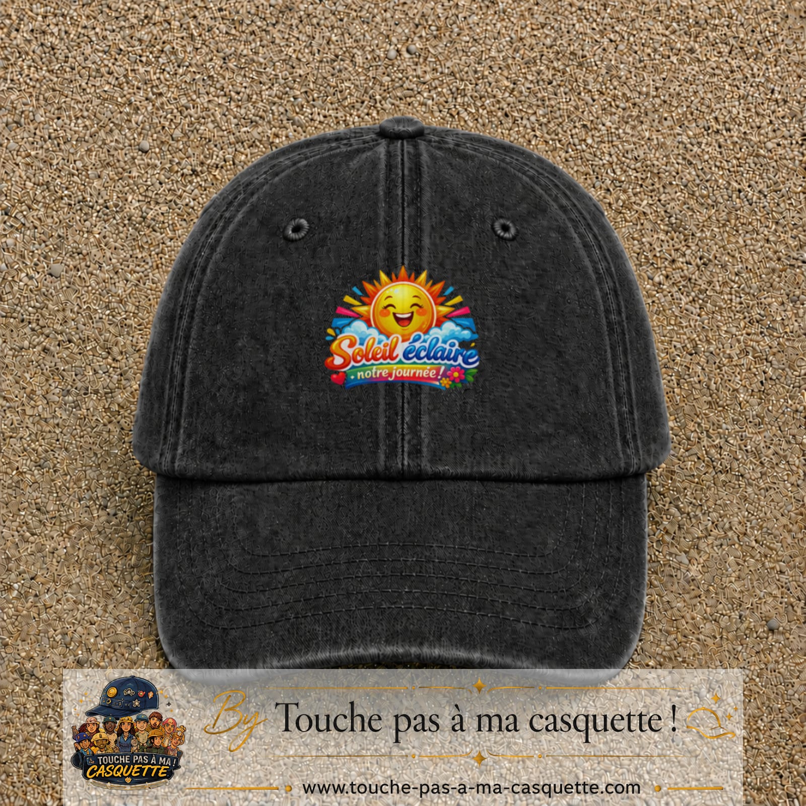 Casquette baseball Noir délavé 100% coton avec motif Soleil éclaire notre journée 7 cm - image principale