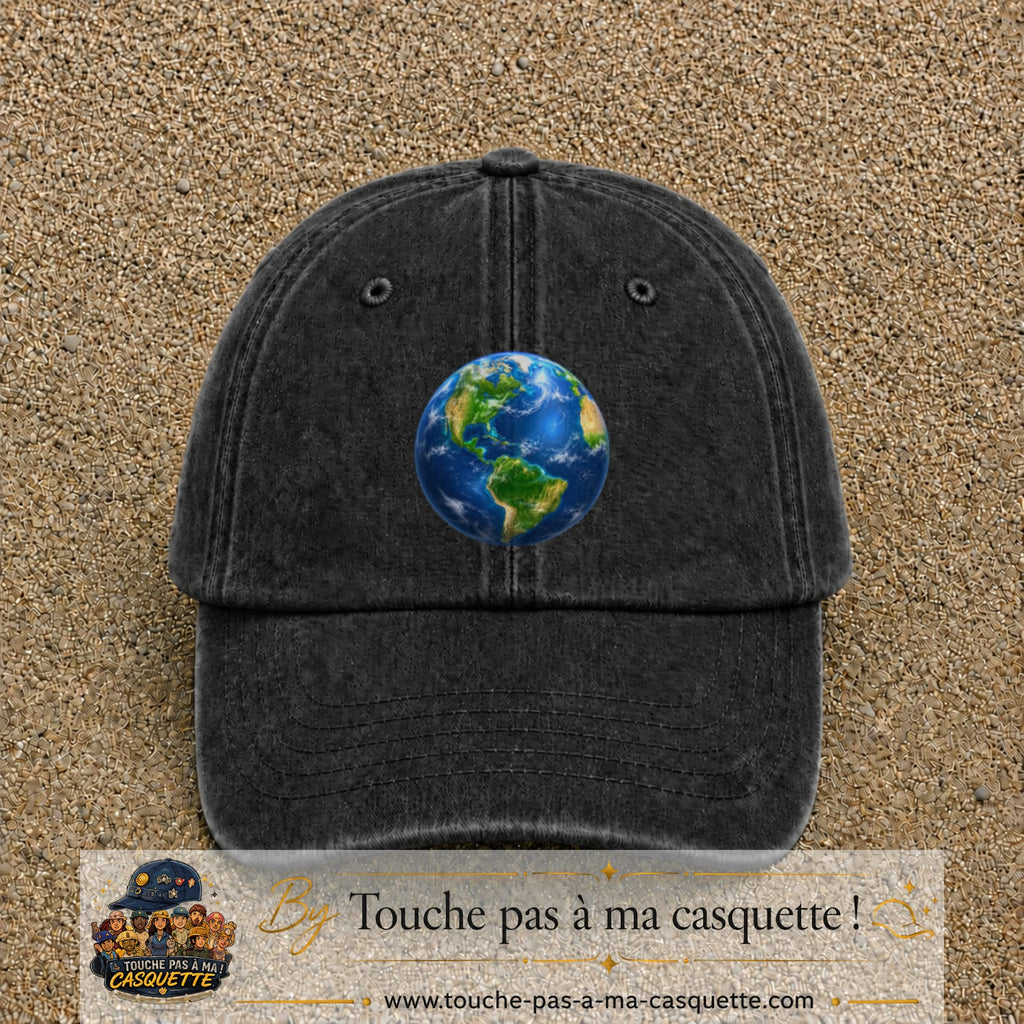 Casquette baseball Noir délavé 100% coton avec visuel Planète Terre réaliste 7 cm - image produit principale