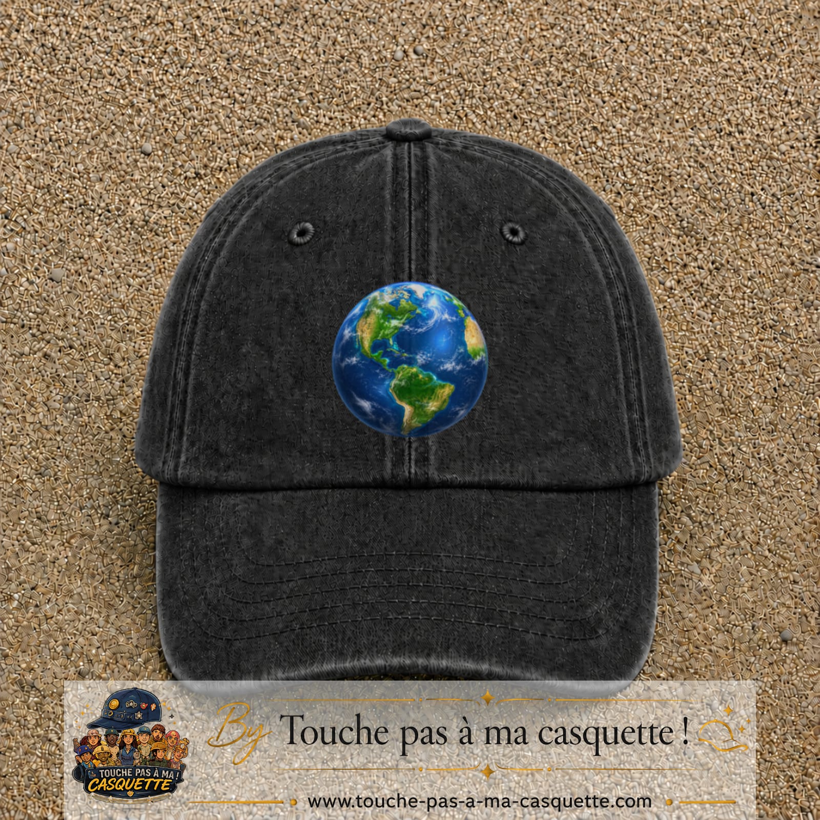 Casquette baseball Noir délavé 100% coton avec visuel Planète Terre réaliste 7 cm - image produit principale