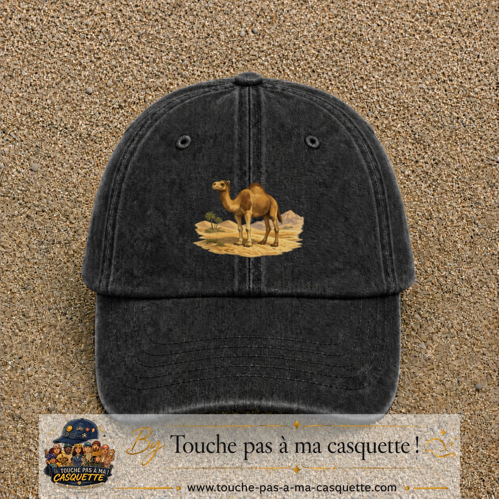 Casquette baseball Noir délavé 100% coton avec motif Chameau du désert 7 cm - image principale