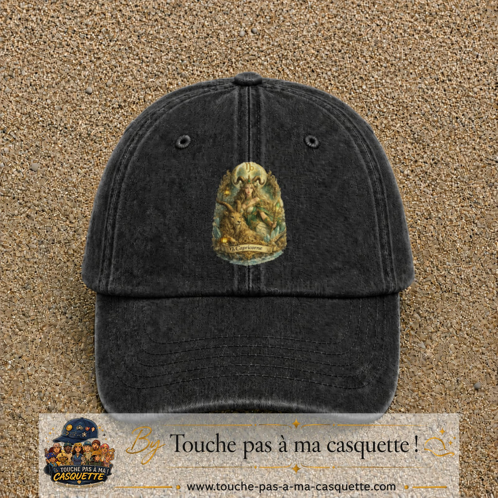 Casquette baseball Noir délavé 100% coton avec motif Capricorne astrologique 7 cm - image principale