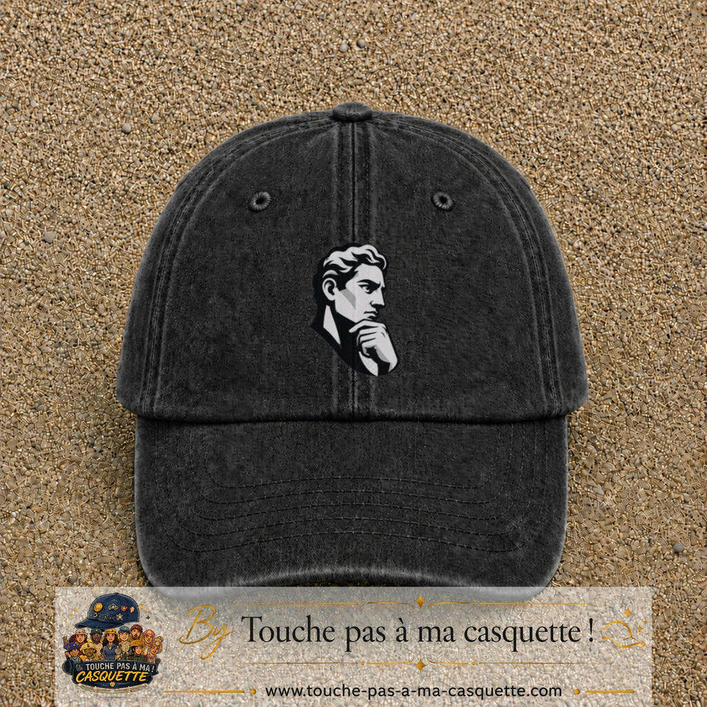 Casquette Noir délavé 100% coton avec motif Portrait homme penseur 7 cm - image principale