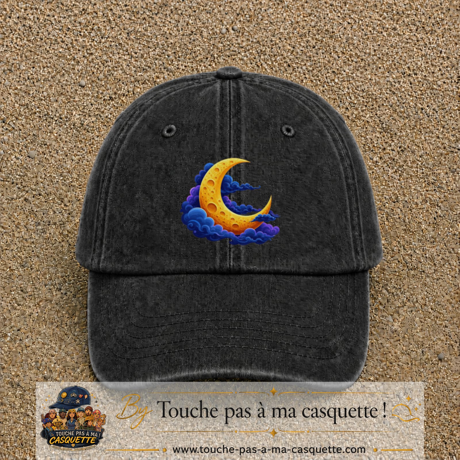 Casquette baseball Noir délavé 100% coton avec motif Lune croissant 7 cm - image principale