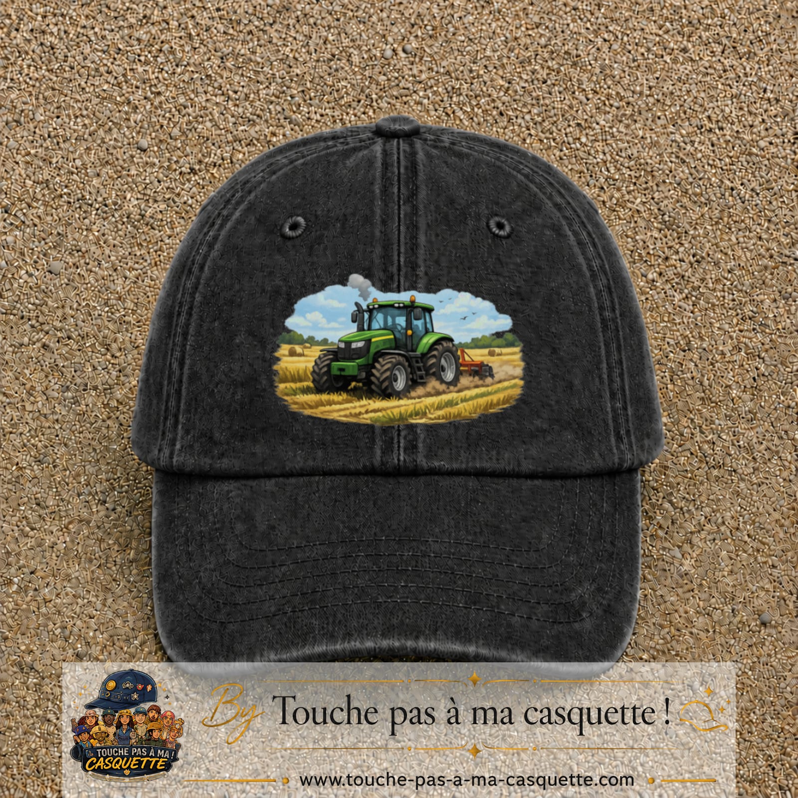 Casquette baseball Noir délavé 100% coton avec motif Tracteur agricole 7 cm - image principale