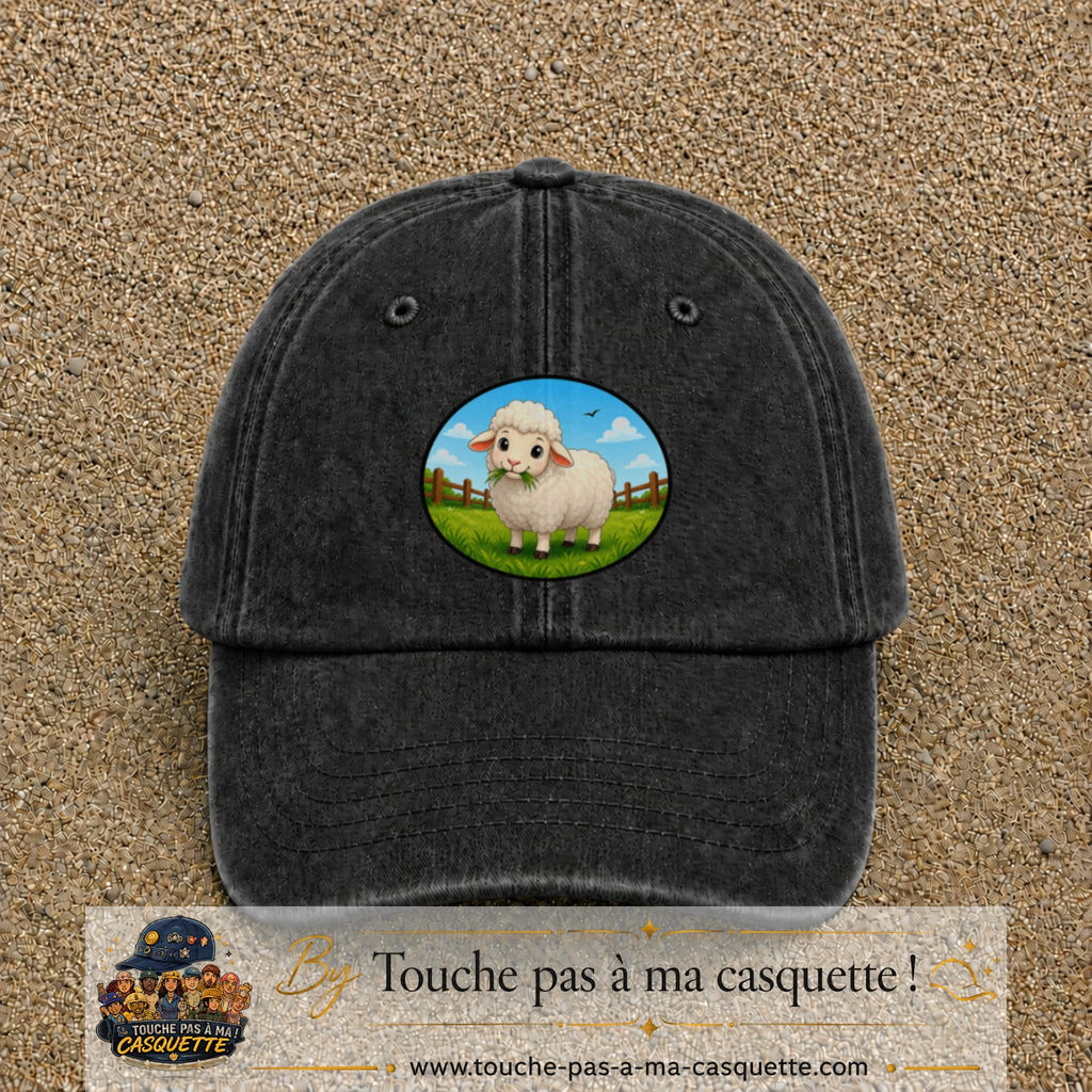 Casquette baseball Noir délavé 100% coton avec visuel Mouton à la ferme 7 cm - image produit principale