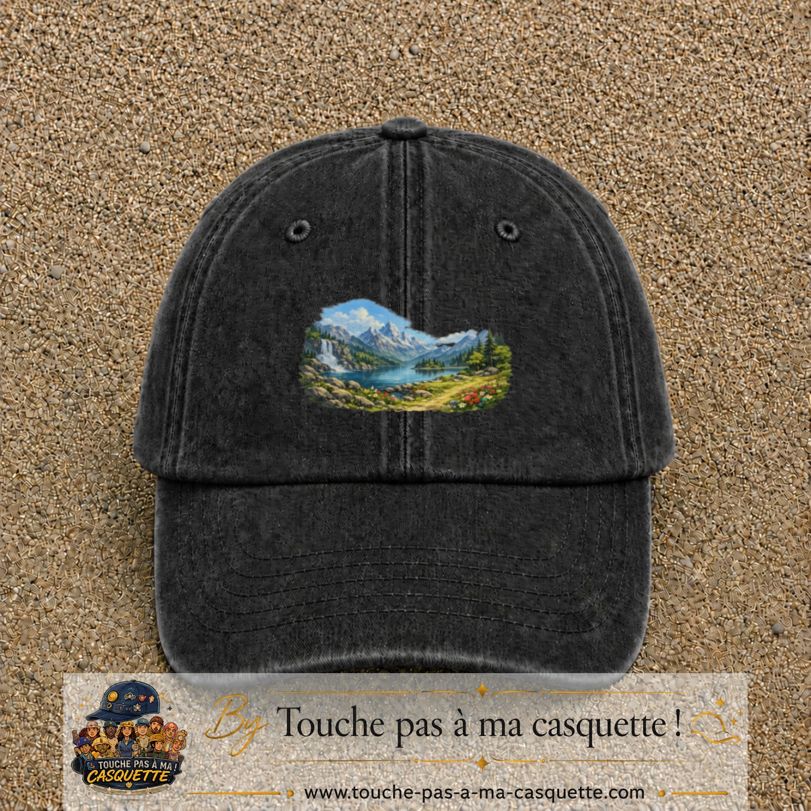 Casquette baseball Noir délavé 100% coton avec motif Paysage montagne lac 5 cm - image principale