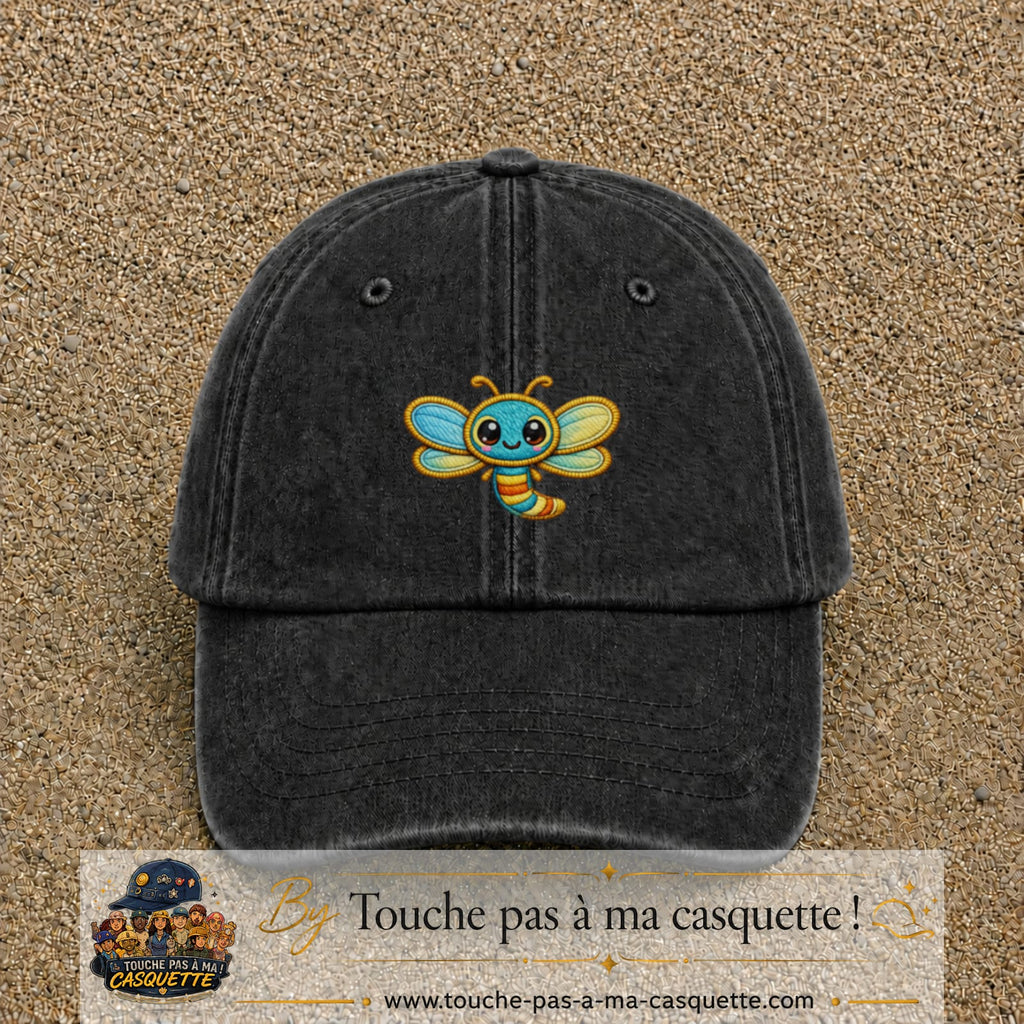 Casquette Noir délavé motif Libellule multicolore 5 cm - vue principale