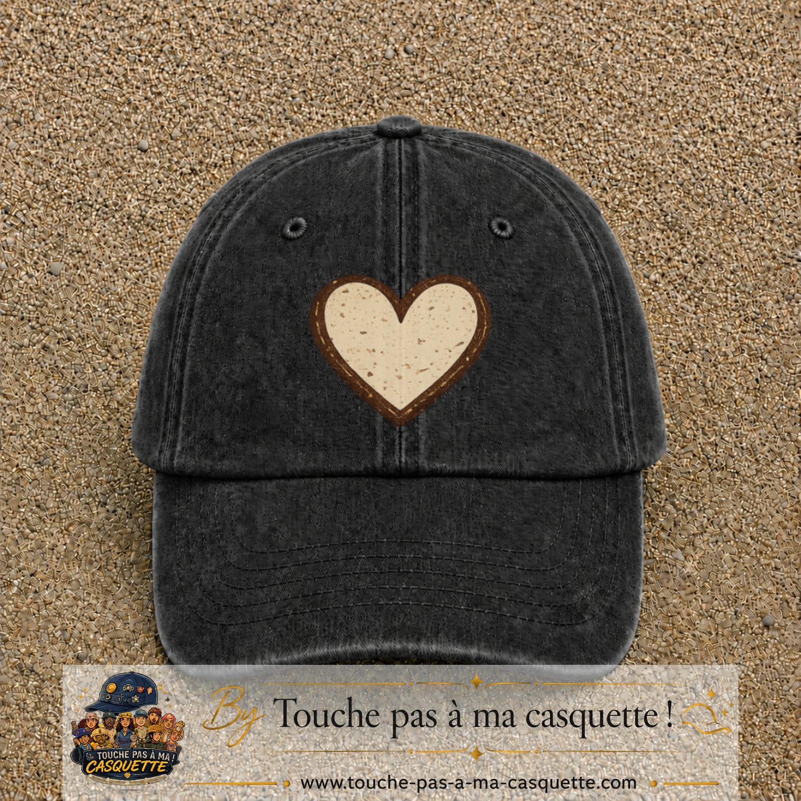 Casquette Noir délavé 100% coton avec motif Cœur bohème 7 cm - image principale