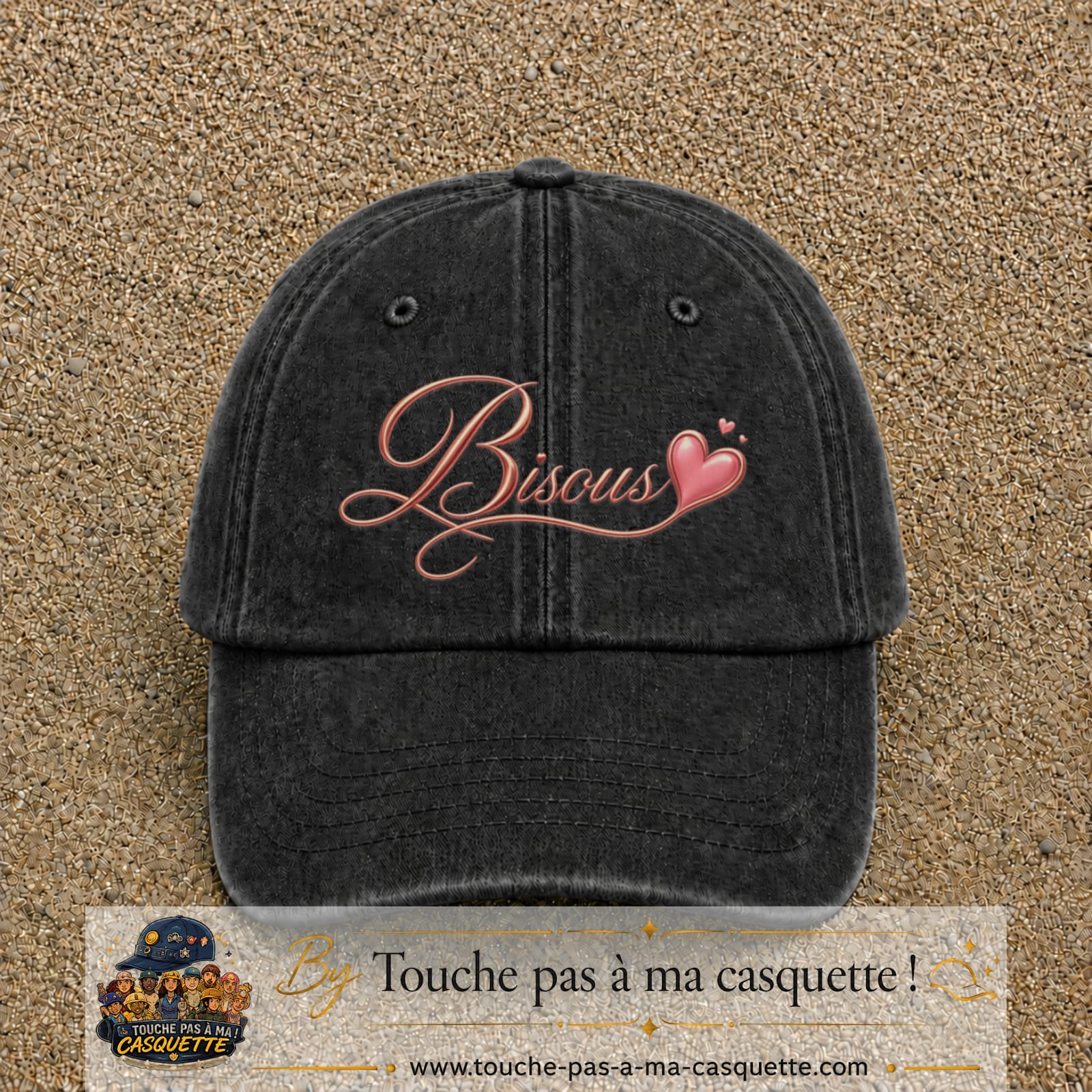 Casquette baseball Noir délavé 100% coton avec visuel Bisous cœur 7 cm - image produit principale