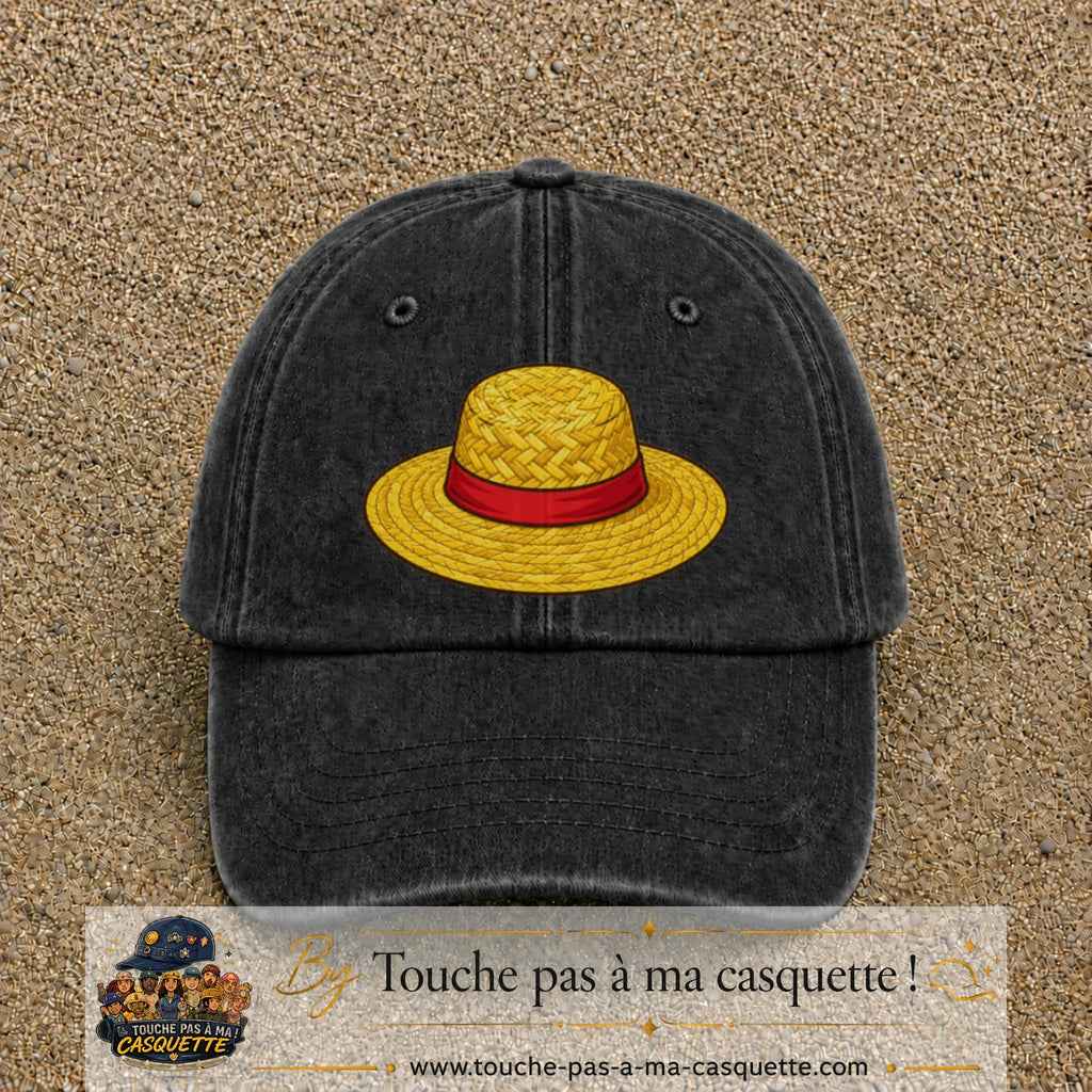 Casquette baseball Noir délavé 100% coton avec motif Chapeau de paille 7 cm - image principale