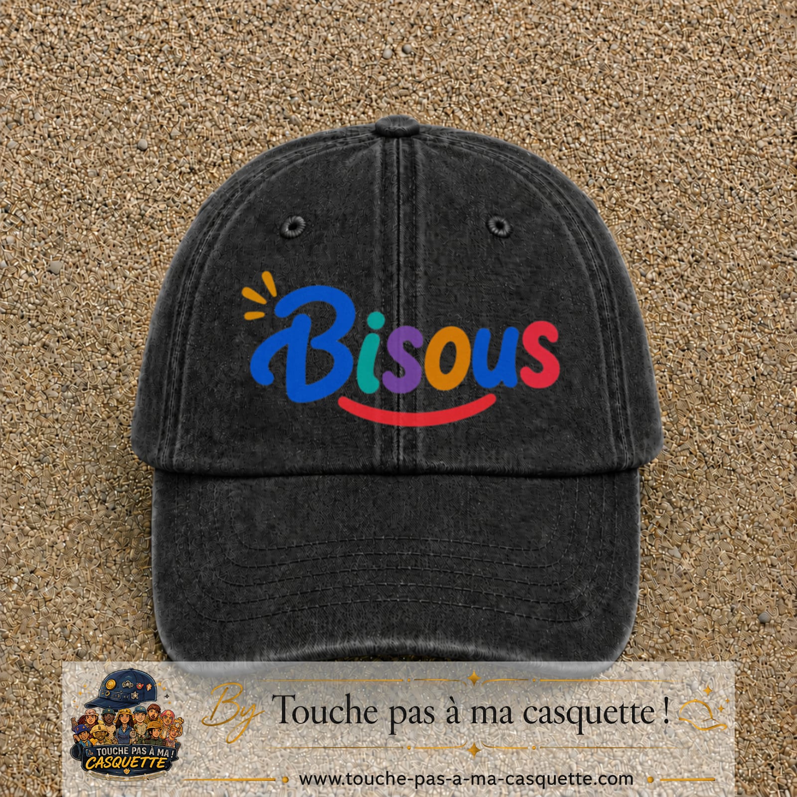 Casquette baseball Noir délavé 100% coton avec visuel Bisous coloré 7 cm - image produit principale