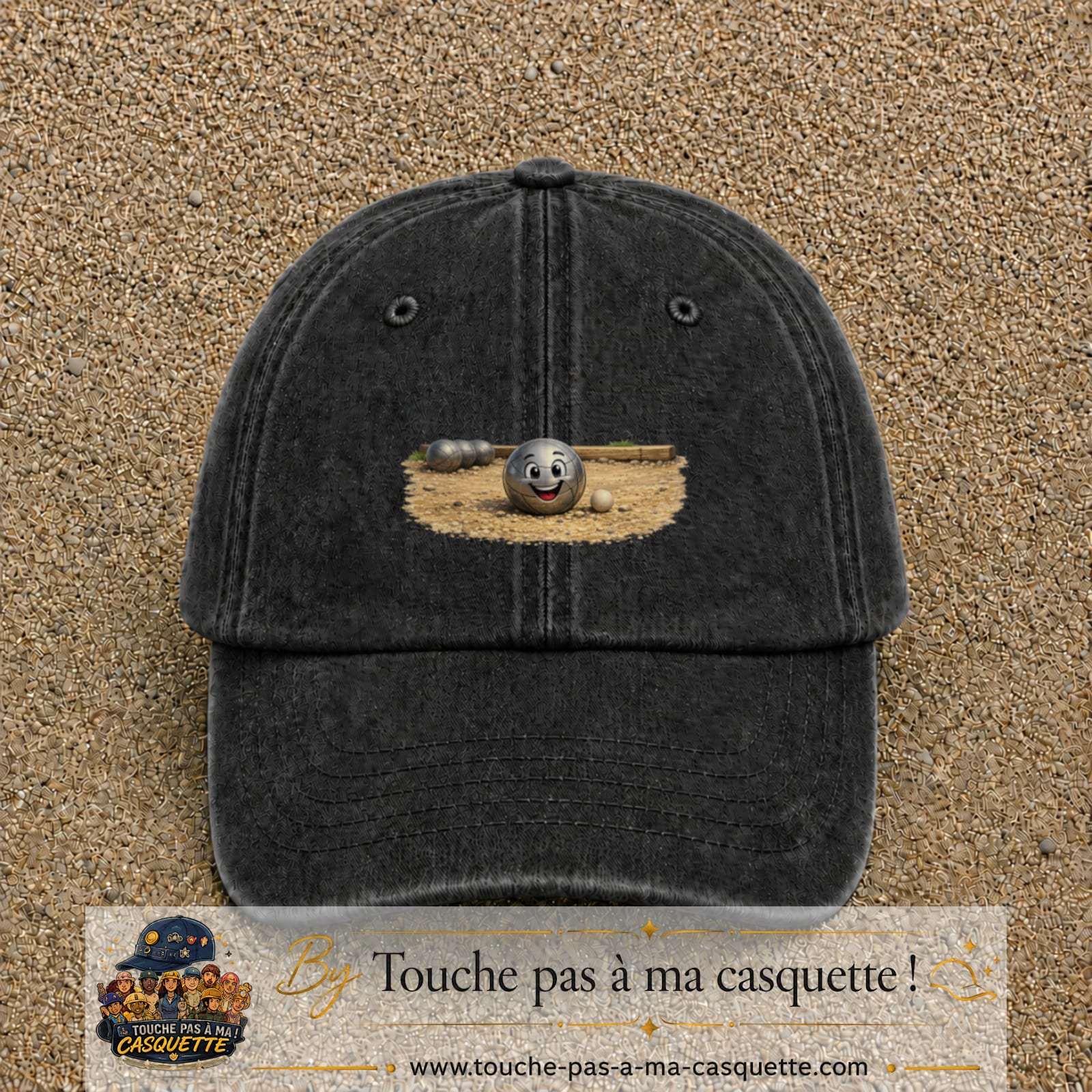 Casquette baseball Noir délavé 100% coton avec motif Boule de pétanque souriante 7 cm - image principale